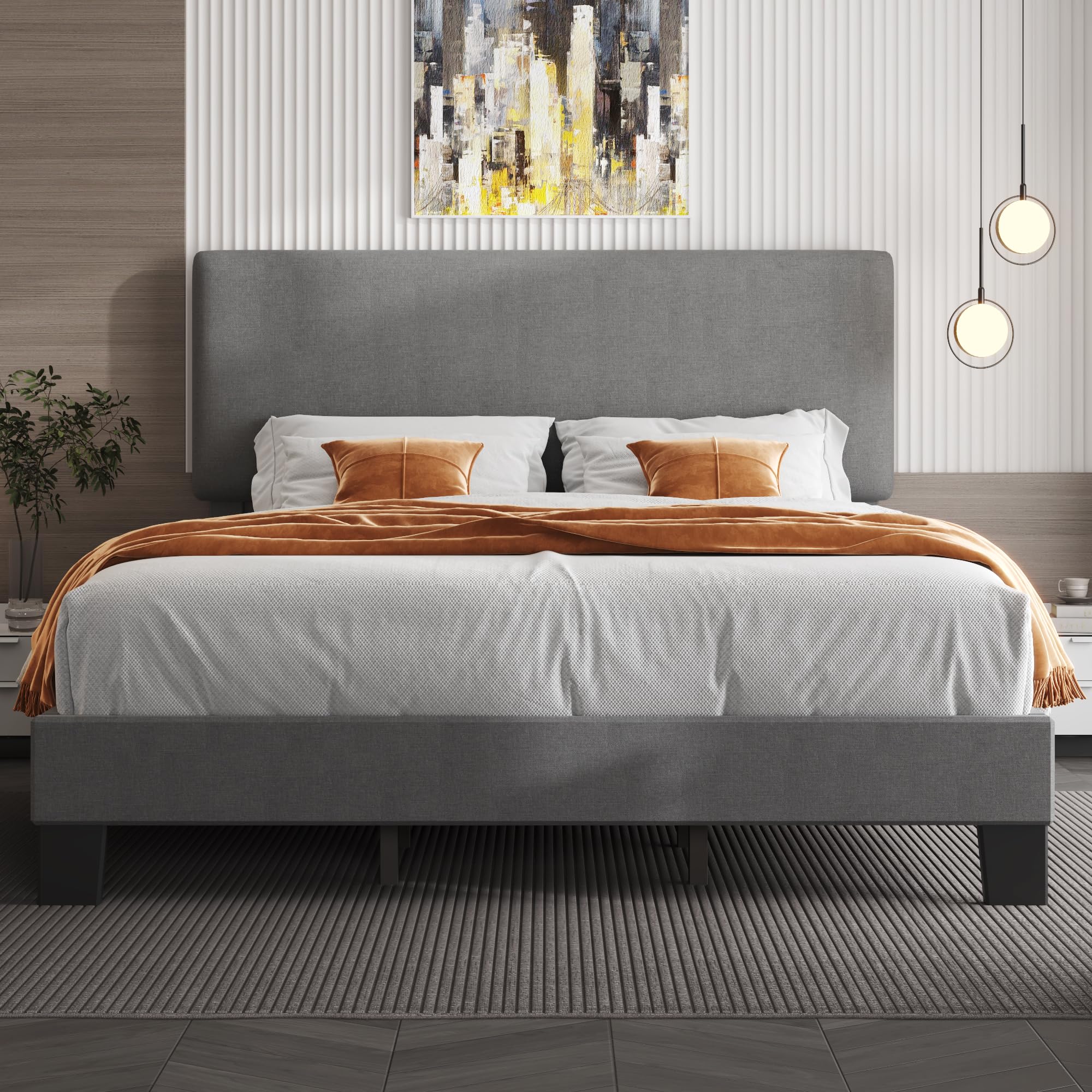 King Bed Frame with Headboard,Linen Upholstered Bed Frame with Wood Slats Support,No Box Spring Needed,Heavy Duty Feet,Easy Assembly,Light Grey