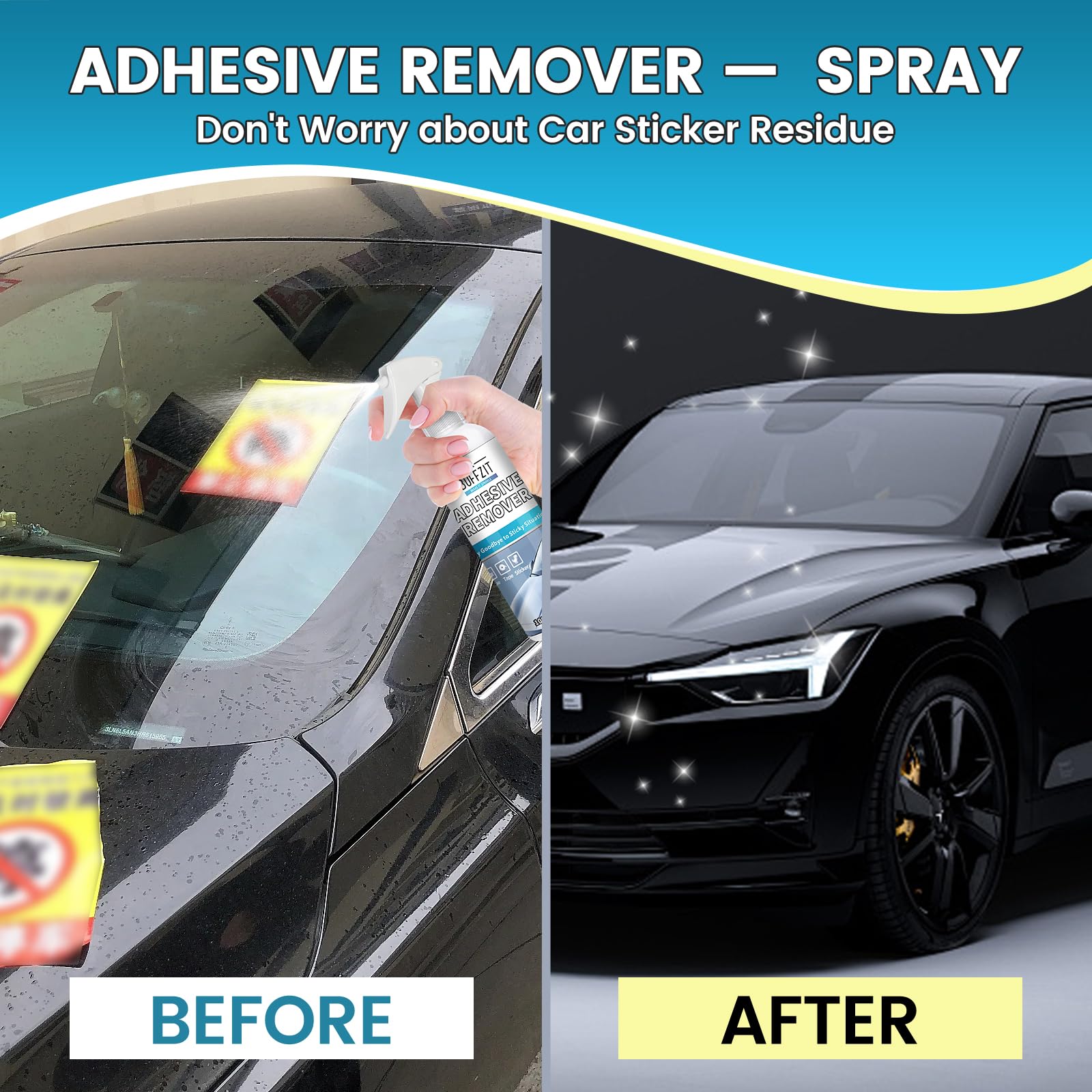 BUFFZIT Car Adhesive Remover - Glue Removal Spray for Decals, Stickers, Labels & Tape on Bumper Glass Paint Glue Gone with Plastic Scraper Tool – 100ml/3.4oz