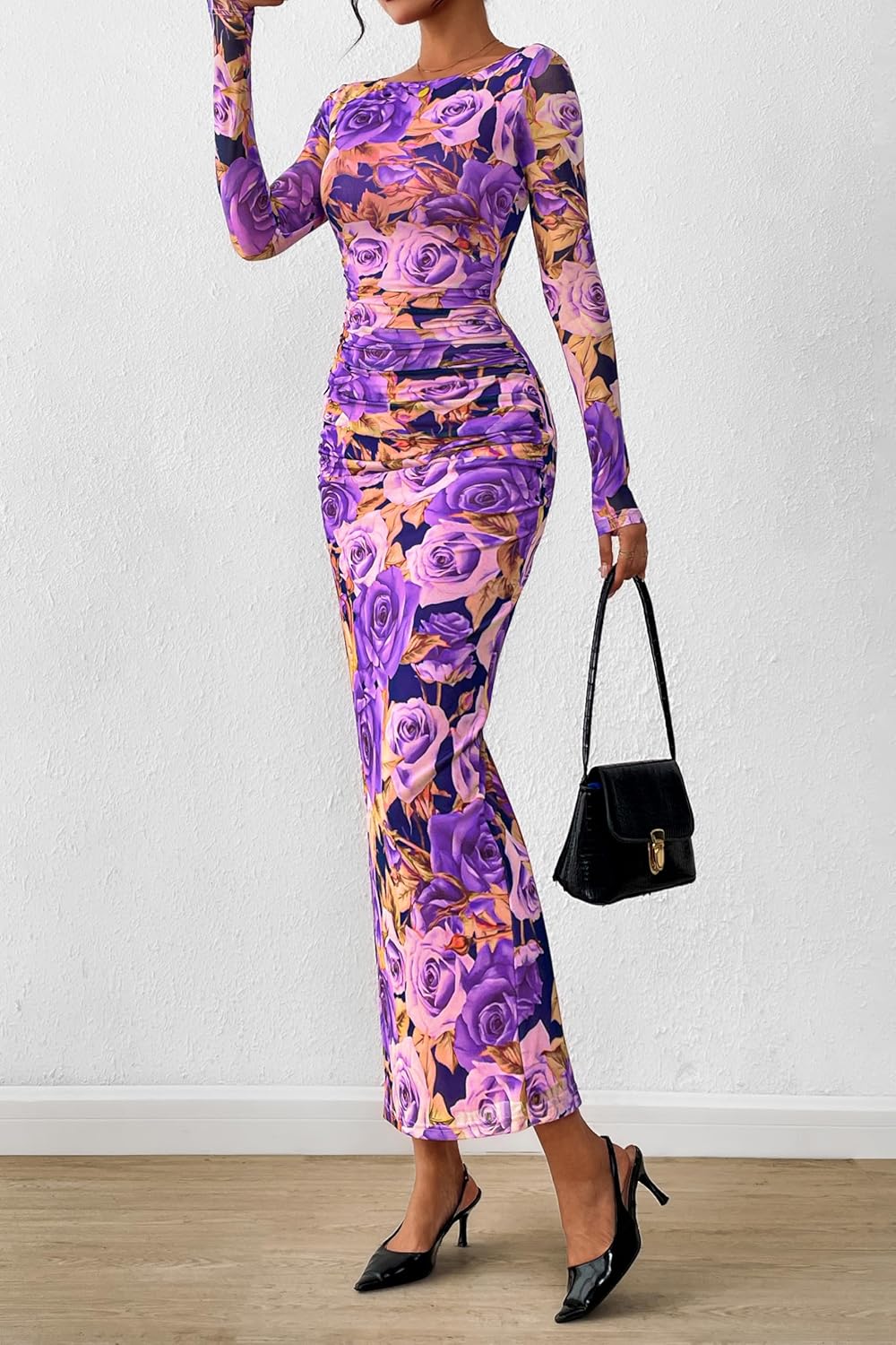 PRETTYGARDEN Women's Long Sleeve Bodycon Dresses 2026 Spring Sexy Floral Mesh Slit Ruched Tight Maxi Wedding Guest Dress - Image 3