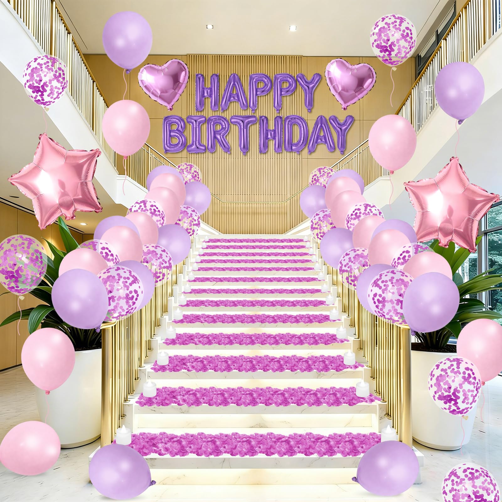 Globos de cumpleaños morados y rosados, decoración de globos de cumpleaños rosa y morado, pancarta con globo de estrella y corazón, 1000 pétalos de rosa artificiales, 24 velas LED sin llama para