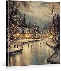 Decoração de parede de natal para patinação de inverno, vintage, pinturas de vila de Natal, decoração de parede de Natal para casa, sala de estar, quarto, 20 x 25 cm emoldurado