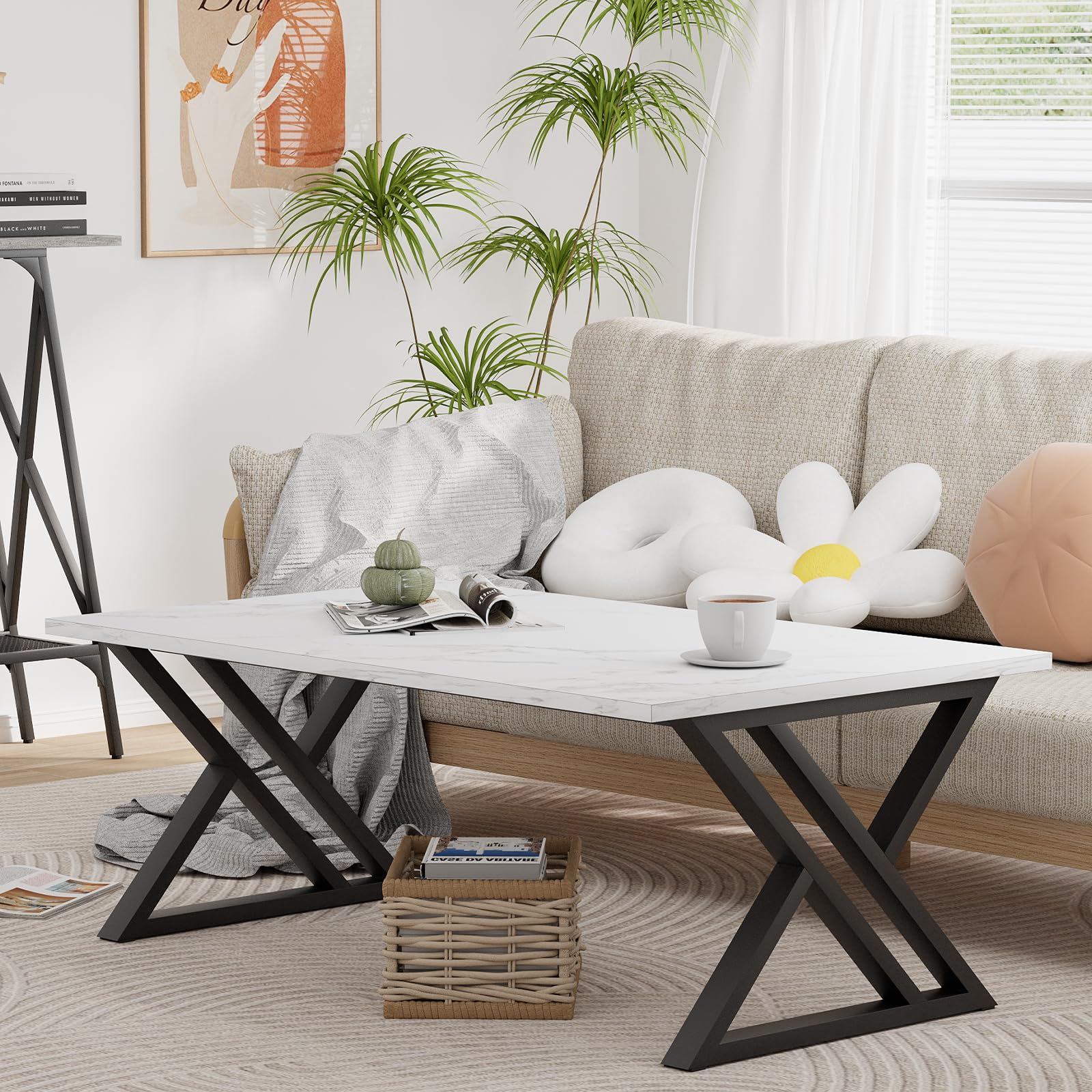 Table basse, table de salon, table basse en bois, table d'appoint pour salon, montage facile, baleines, espace de rangement ouvert, 100 x 48 x 55 cm, marbre blanc et noir