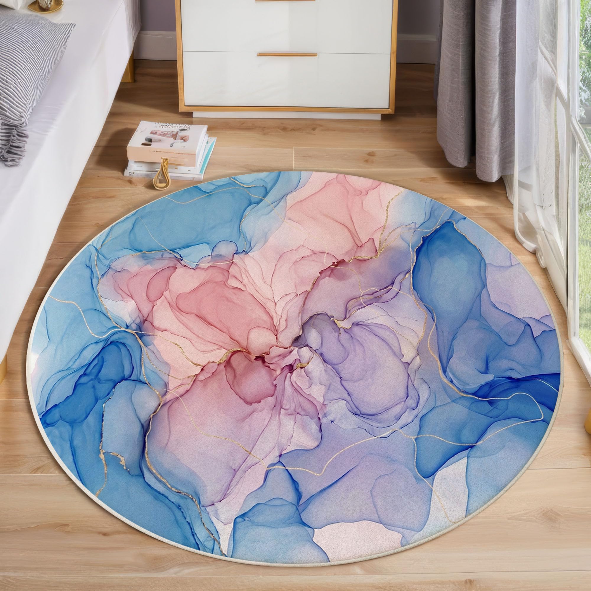 Tapis Rond Blocs De Couleur Dégradés Bleu Rose 120cm | Art Fluide Abstrait Rond Tapis Doux Résistant, Lavable Antidérapant pour Chambre à Coucher Salle à Manger