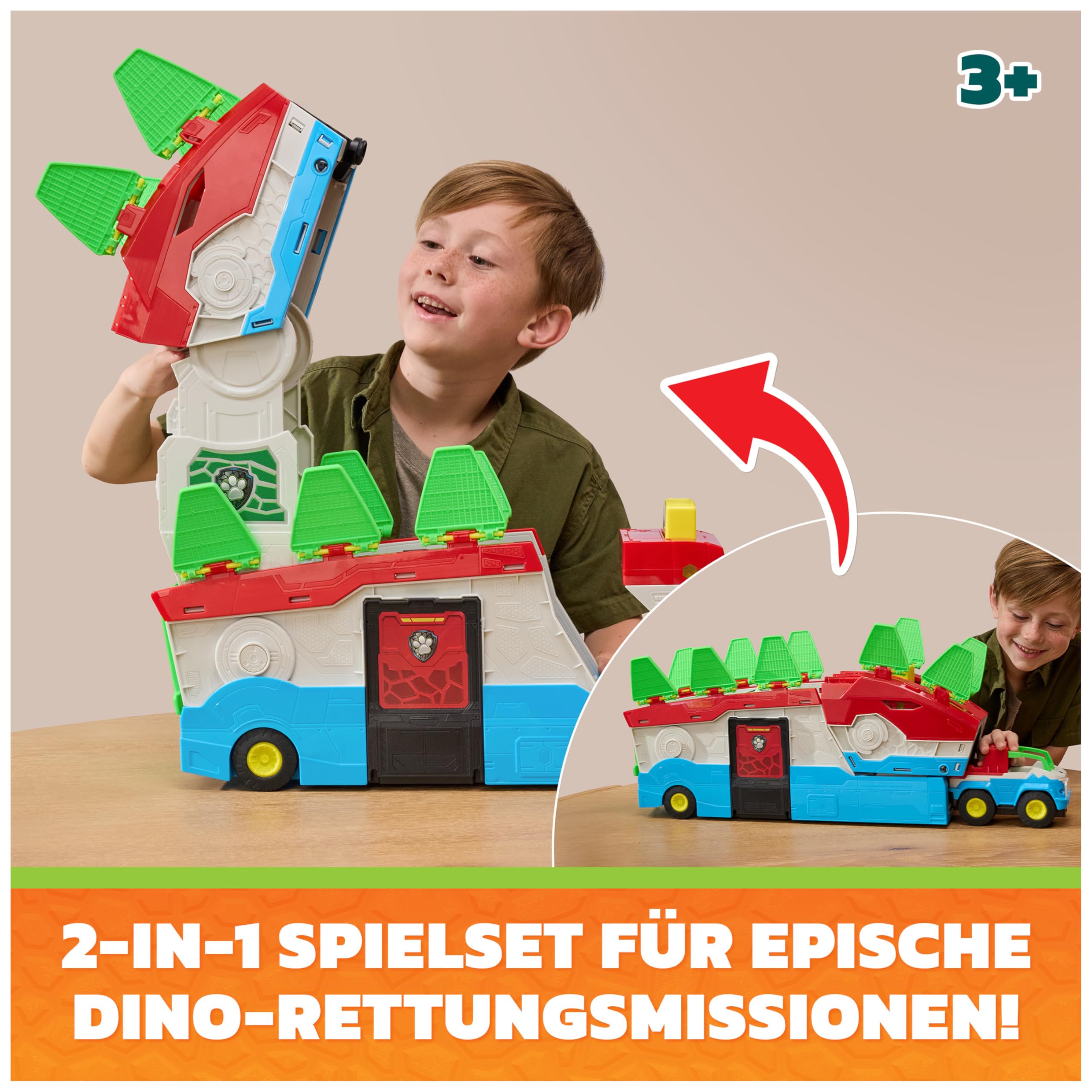 PAW PATROL: Der Dino Film, 2-in-1 Mobiles Dino-Hauptquartier, Transformierbarer Patroller Wird zum HQ, inkl. Chase Fahrzeug und Figur, Geräuscheffekte, Spielzeug für Kinder ab 3 Jahren