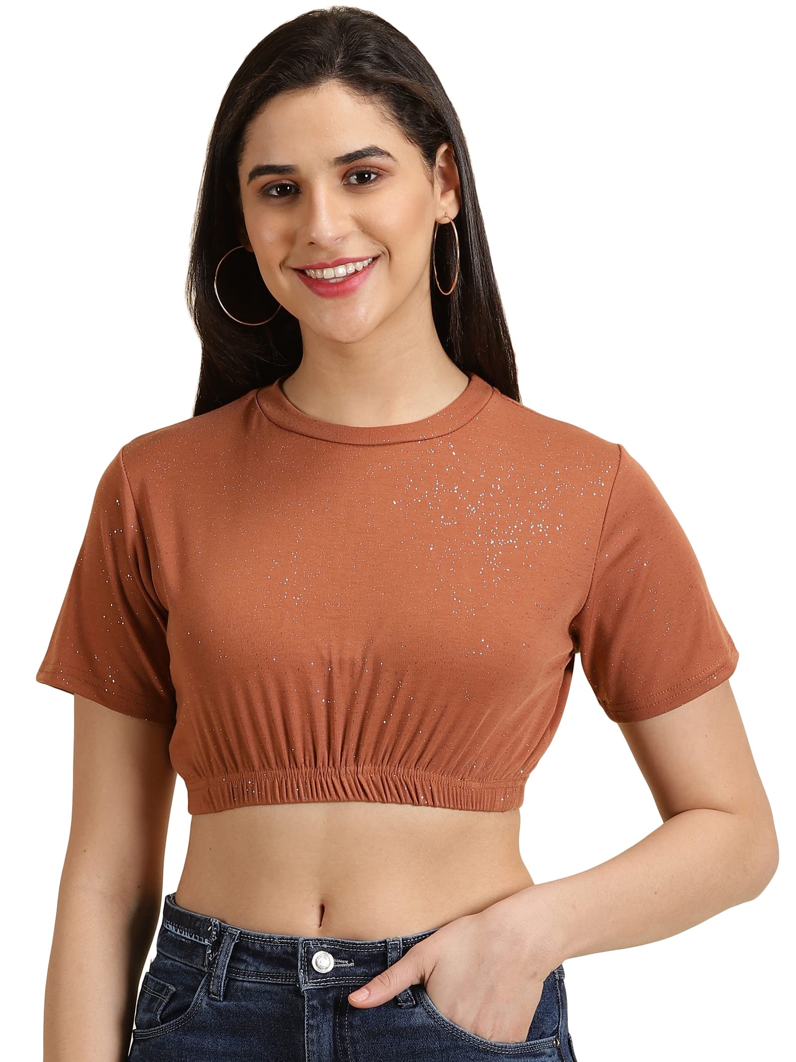 showoffff SHOWOFF Women's Embellished Round Neck Rust Cinched Waist Crop Top-AE-10633_Rust-picture-20