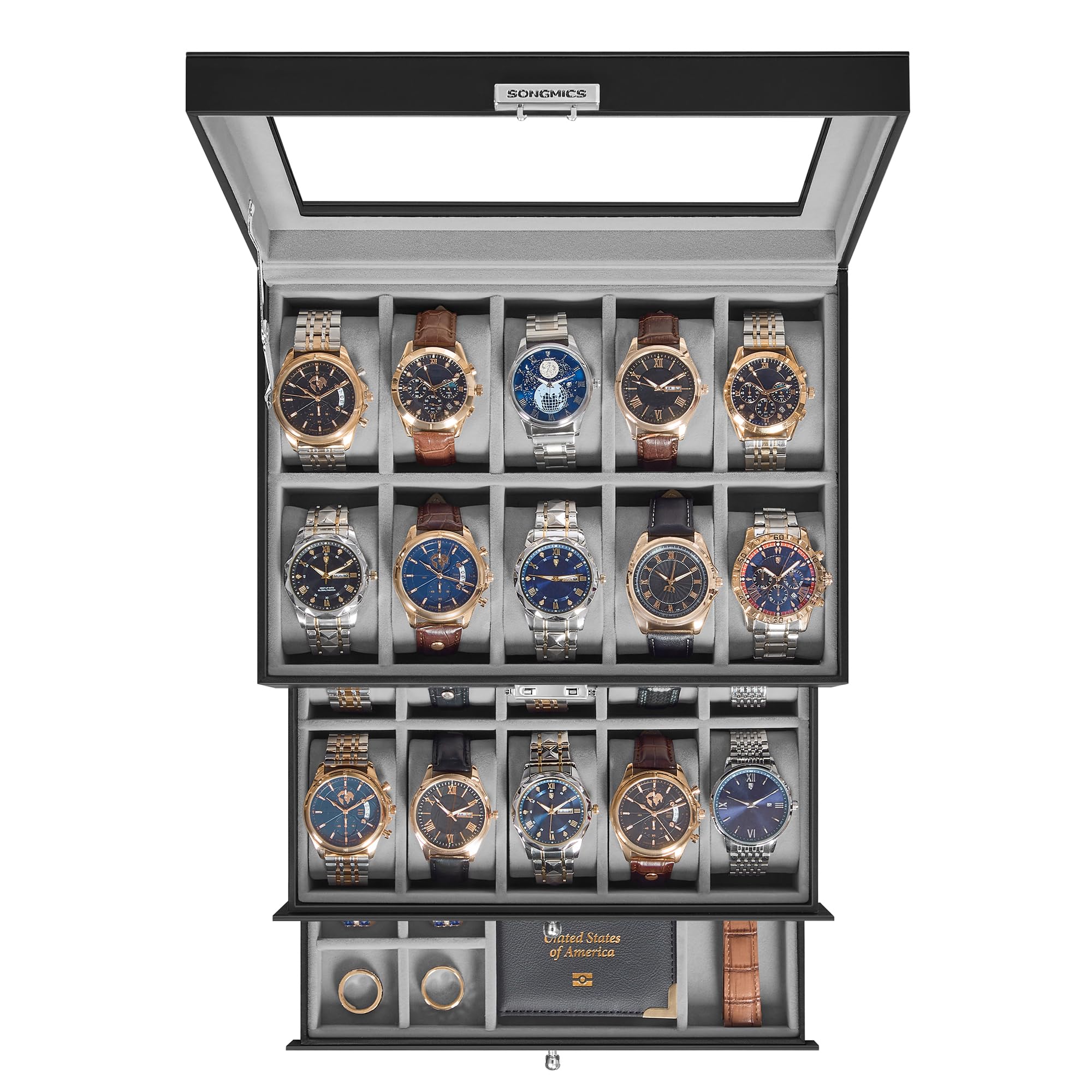 SONGMICS UJWB036B101 - Scatola per orologi, 20 scomparti, con grande coperchio in vetro, cuscini rimovibili, chiusura in metallo, regalo per i propri cari, in pelle sintetica nera, fodera grigia