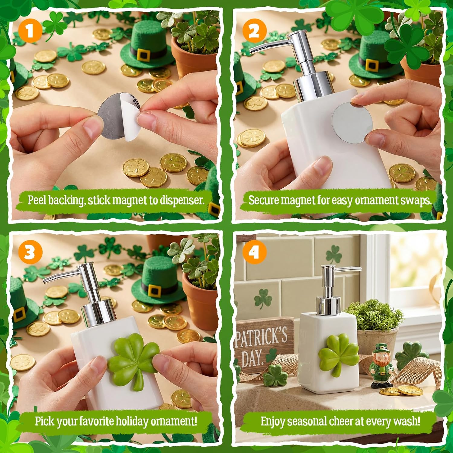 Condition photo showing New/Like New for gejoy st. patrick's day easter seasonal soap dispenser magnetic interchangeable set - ceramic hand soap dispenser with 9 seasonal resin ornaments & magnetic pads-festive bathroom & kitchen dec(silver)
