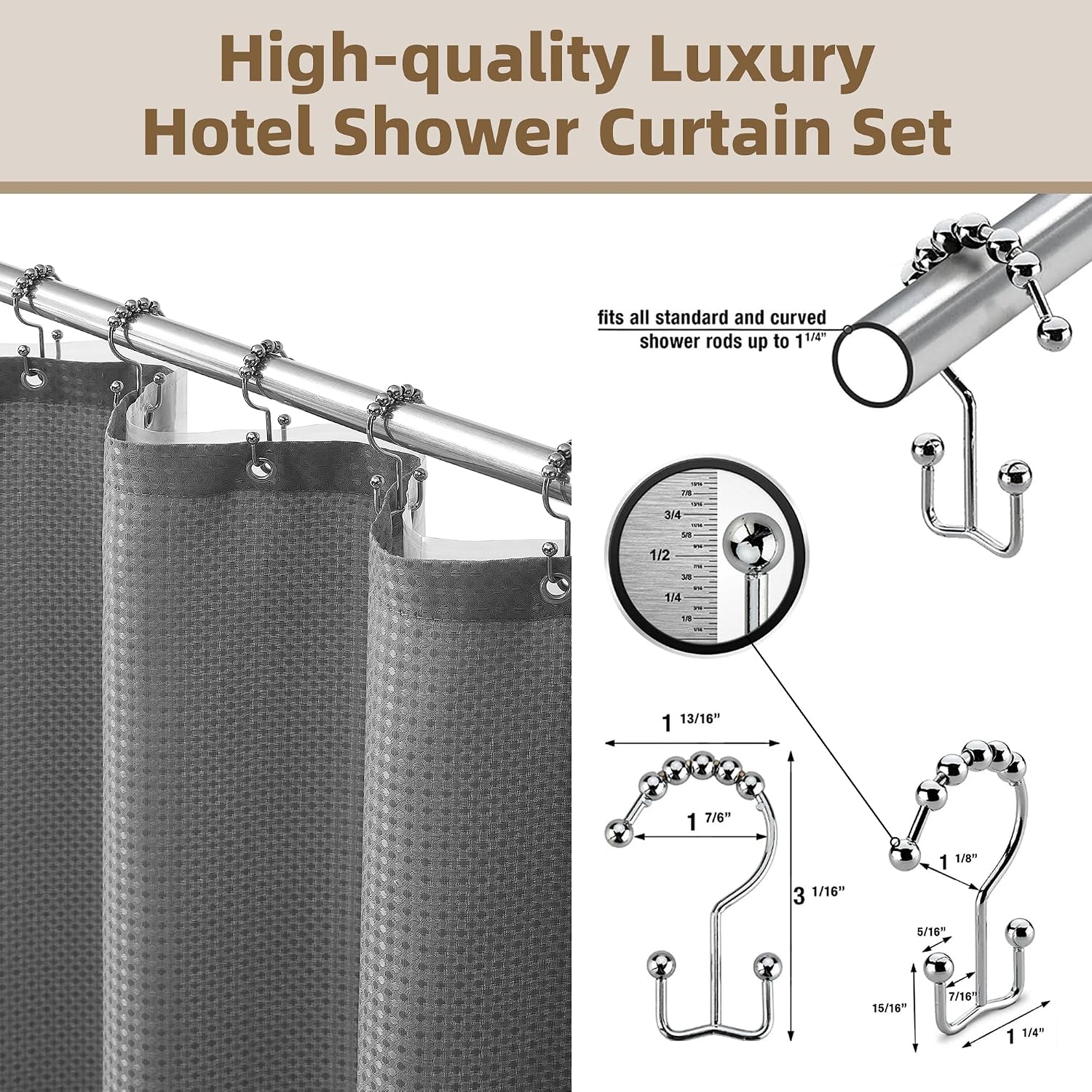 Siiluminisoy Shower Curtain and Liner Set, Waffle Shower Curtain Set with 12 Stainless Steel Hooks, Waterproof Luxury Fabric Shower Curtains for Bathroom and Hotel, Grey, 72" W x 72" H