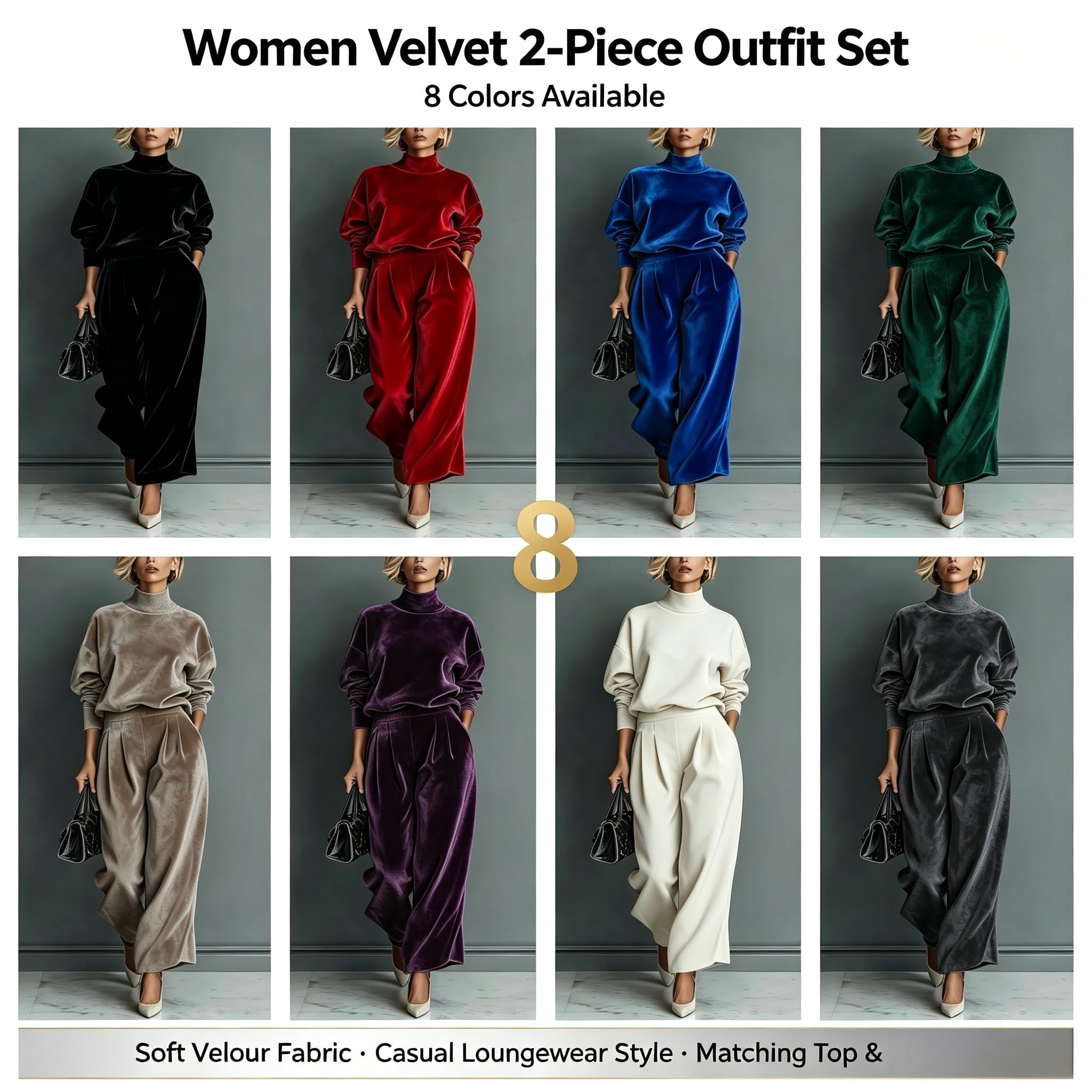 Completo Da Donna A Due Pezzi: Tuta In Velluto Top A Collo Alto A Maniche Lunghe E Pantaloni A Gamba Larga Elegante Completo Da Casa Per L'Autunno Perfetto Per L'Aeroporto.