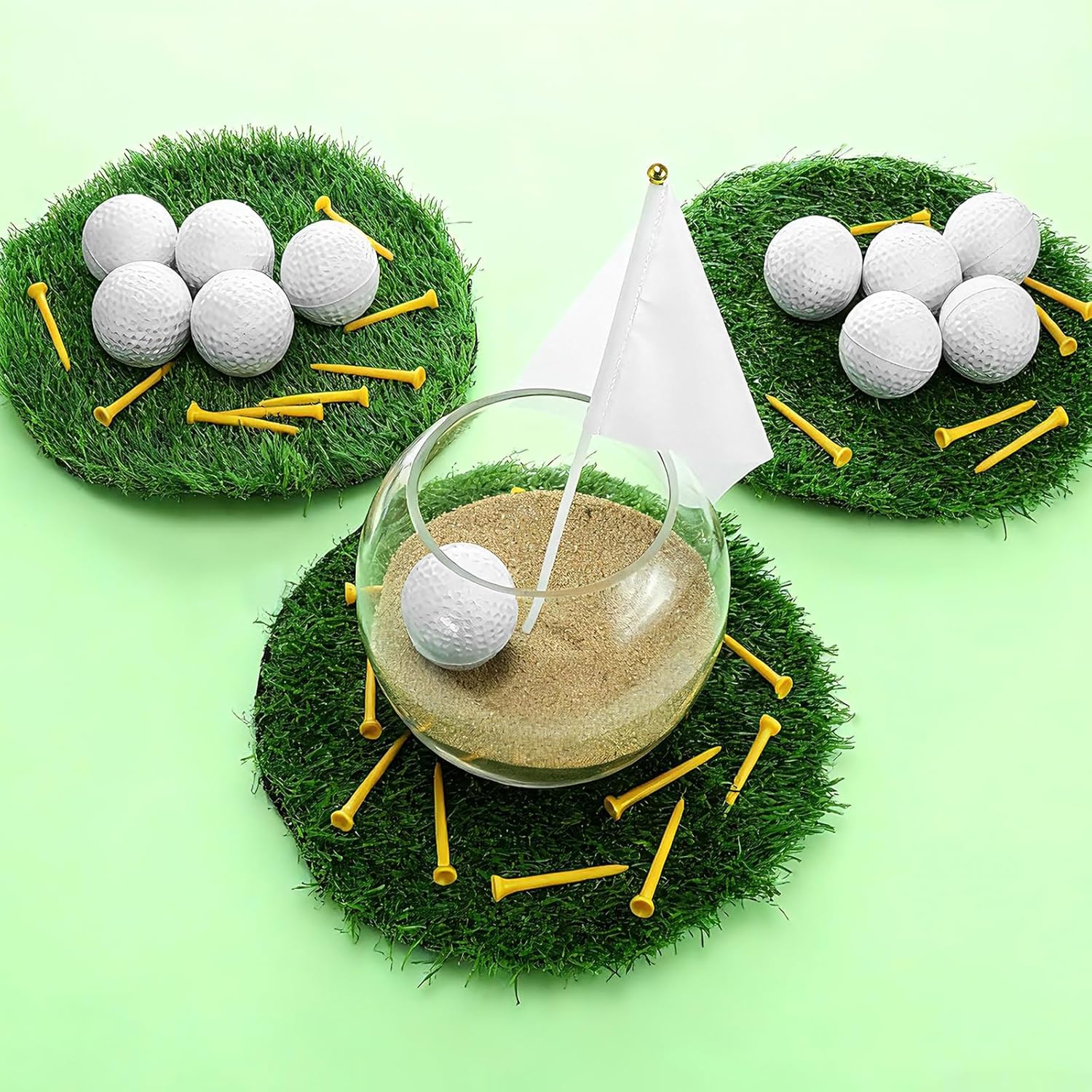 56 Pcs Golf Party Table Decorations Kit Includes Artificial Grass Mats Mini Golf Flag and Tees Table Centerpiece for DIY Holiday Birthday Sport Party Desk Supplies Favors(Round Straw Mat)