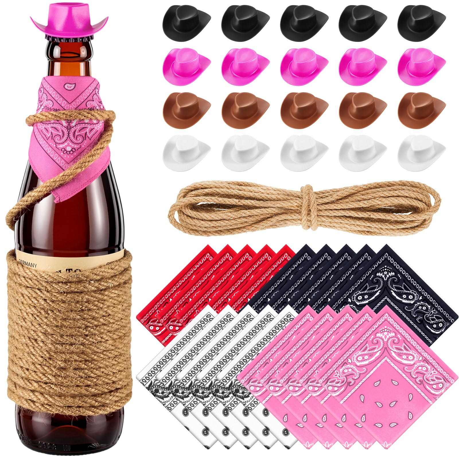 Leitee 20 Sets Mini Cowboy Hats for Crafts Plastic Tiny Cowgirl Hat with Bandanas for Western Cowboy Party Decoration