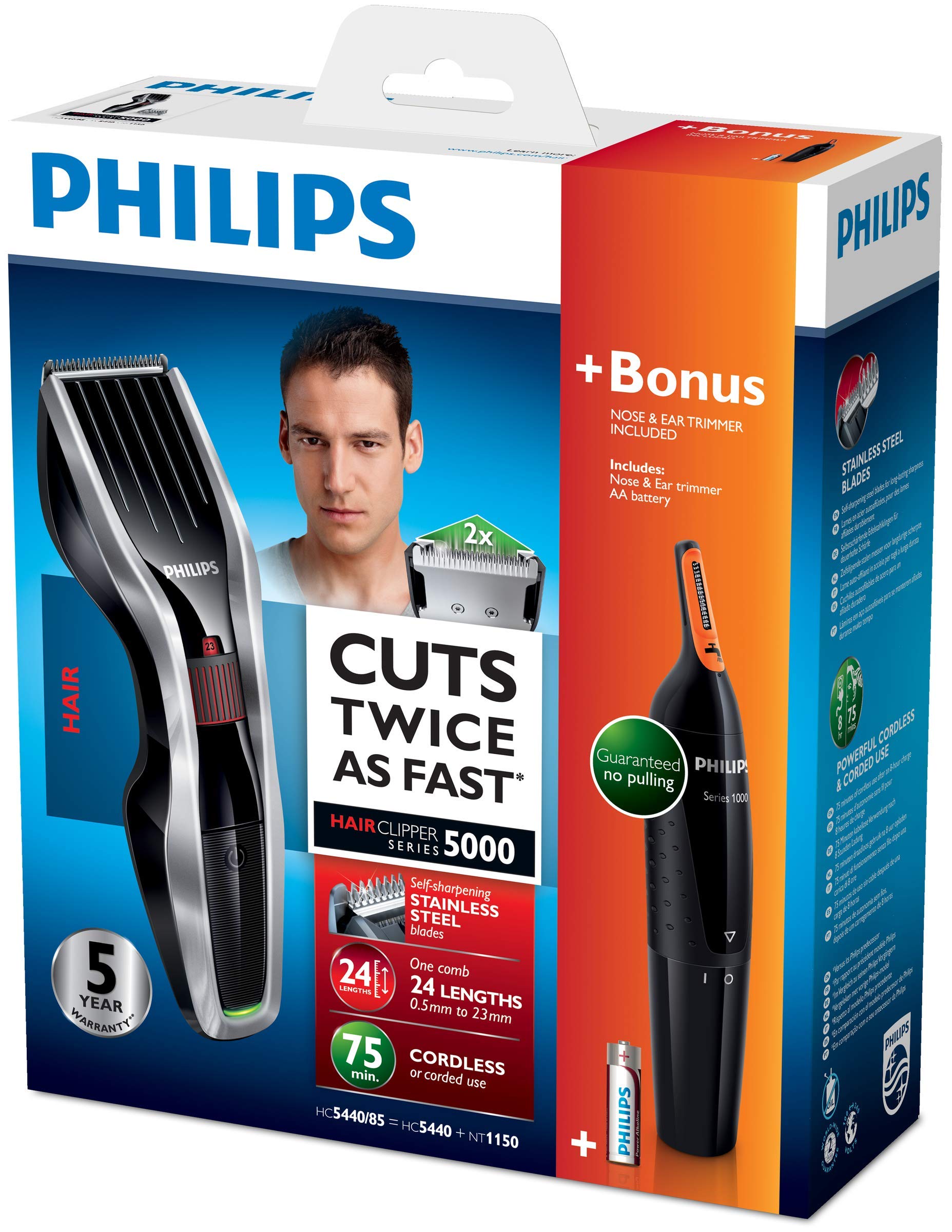 Philips Series 5000 Hair Clipper With Titanium Blades & Nose Trimmer