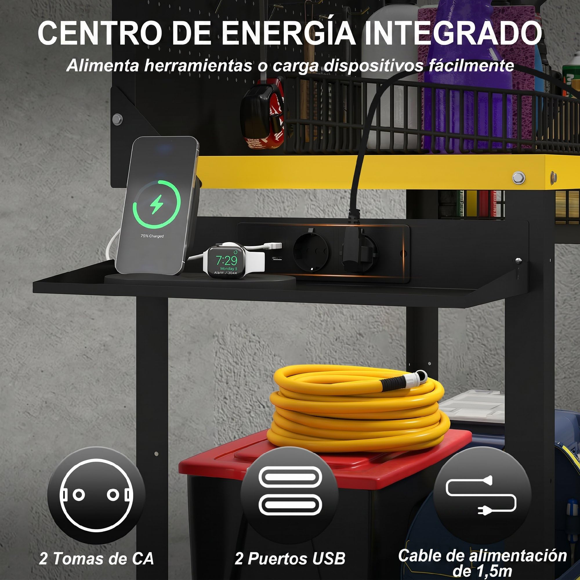 HOMCOM Banco de Trabajo con Panel Perforado y Ruedas, Mesa de Trabajo con Enchufes, USB, Luz LED y Estructura Metálica, Carga 300 kg, Banco para Garaje o Taller, 128x49,5x127,5 cm, Negro y Amarillo