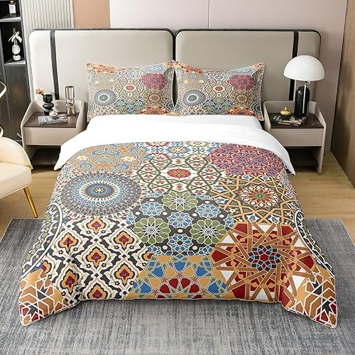 Erosebridal Funda de edredón de algodón puro con diseño floral de retazos y flores, funda de edredón colorida bohemia exótica, suave y transpirable,