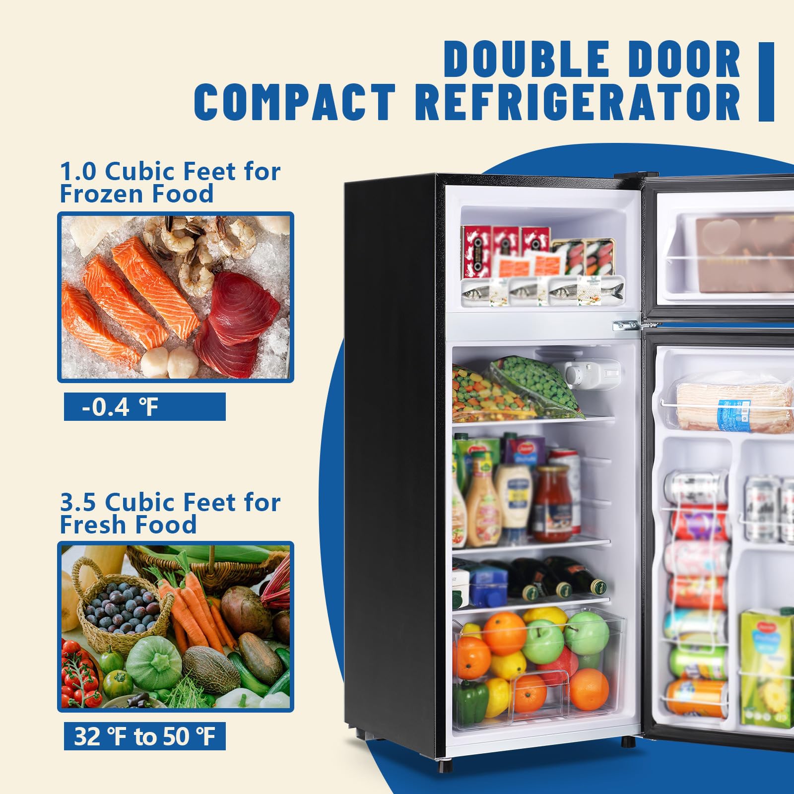 DEMULLER 4.5 CU.FT Capacity Compact Refrigerator with Freezer Double Door Mini Fridge Small Apartment Refrigerator with 7 Adjustable Temp Control & 3 Glass Shelves for Kitchen Office Dorm Black on Fridge.com