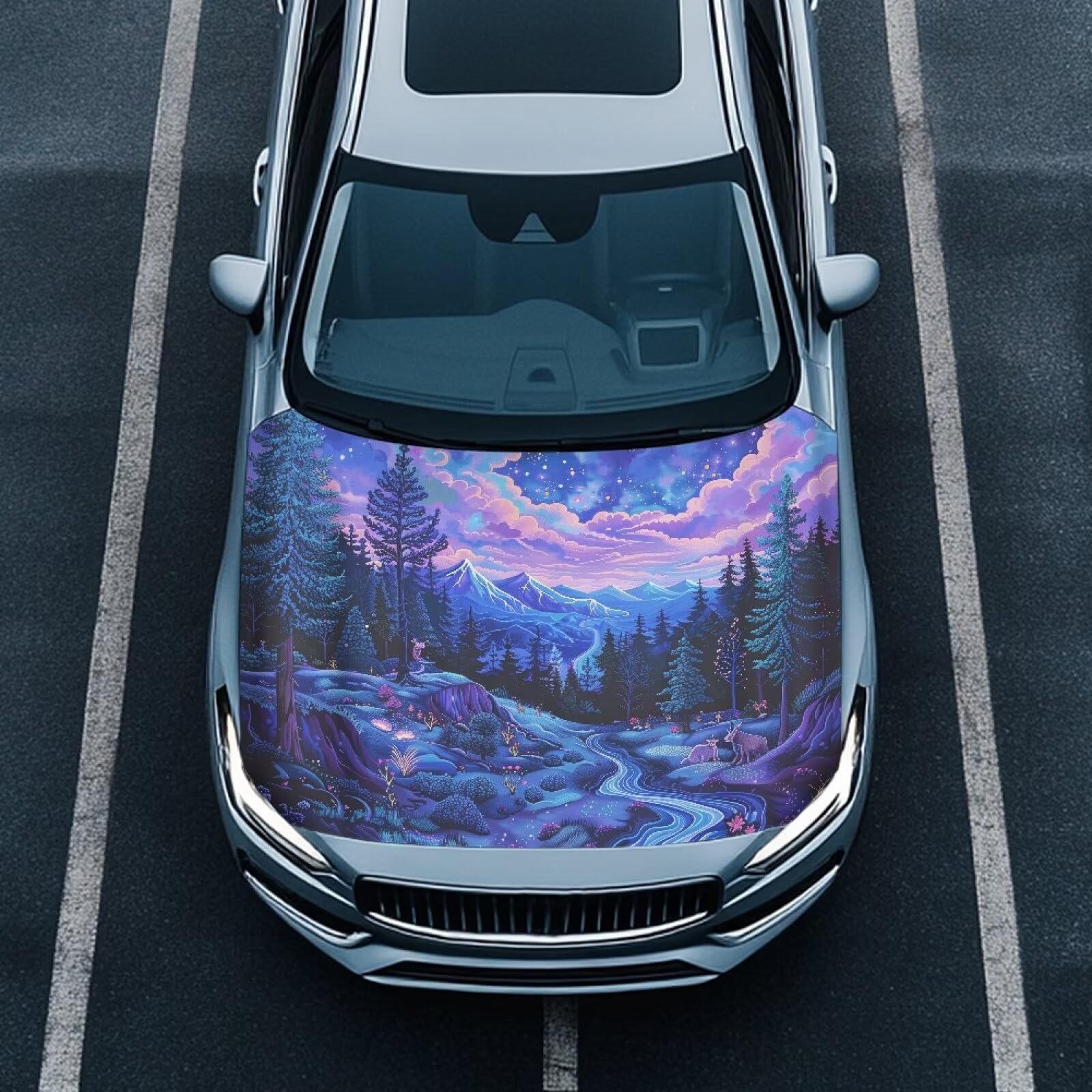 Starry Sky Forest Car Hood Cover Stretch Polyester Cover for Car Hood Removable Automotive Accessories Easy Installation for Car Hood Decoration and Protection