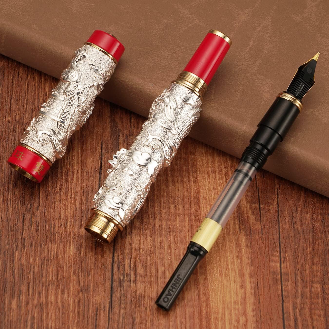 Silver Jinhao Vintage Luxury Dragon Fountain Pen Playing Pearl, Fine Nib 0.5mm Red Ring Metal Carving Embossed Heavy Pen