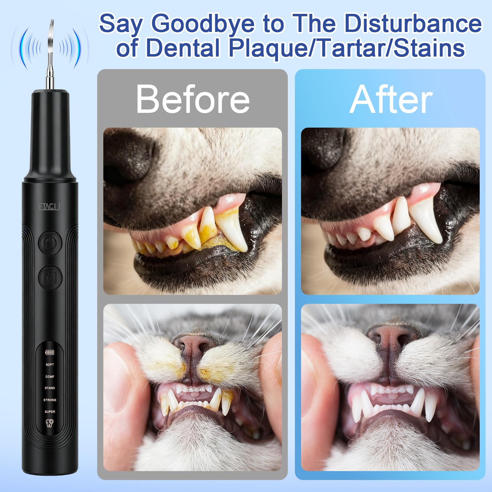 ETACCU Hund Zahnsteinentferner, Ultraschall Zahnreiniger für Hunde und Katzen mit Sensortechnologie, 5 Modi, LED-Licht, USB-C, IPX6 Wasserdicht, Elektrisches Zahnreinigungsset, Schwarz