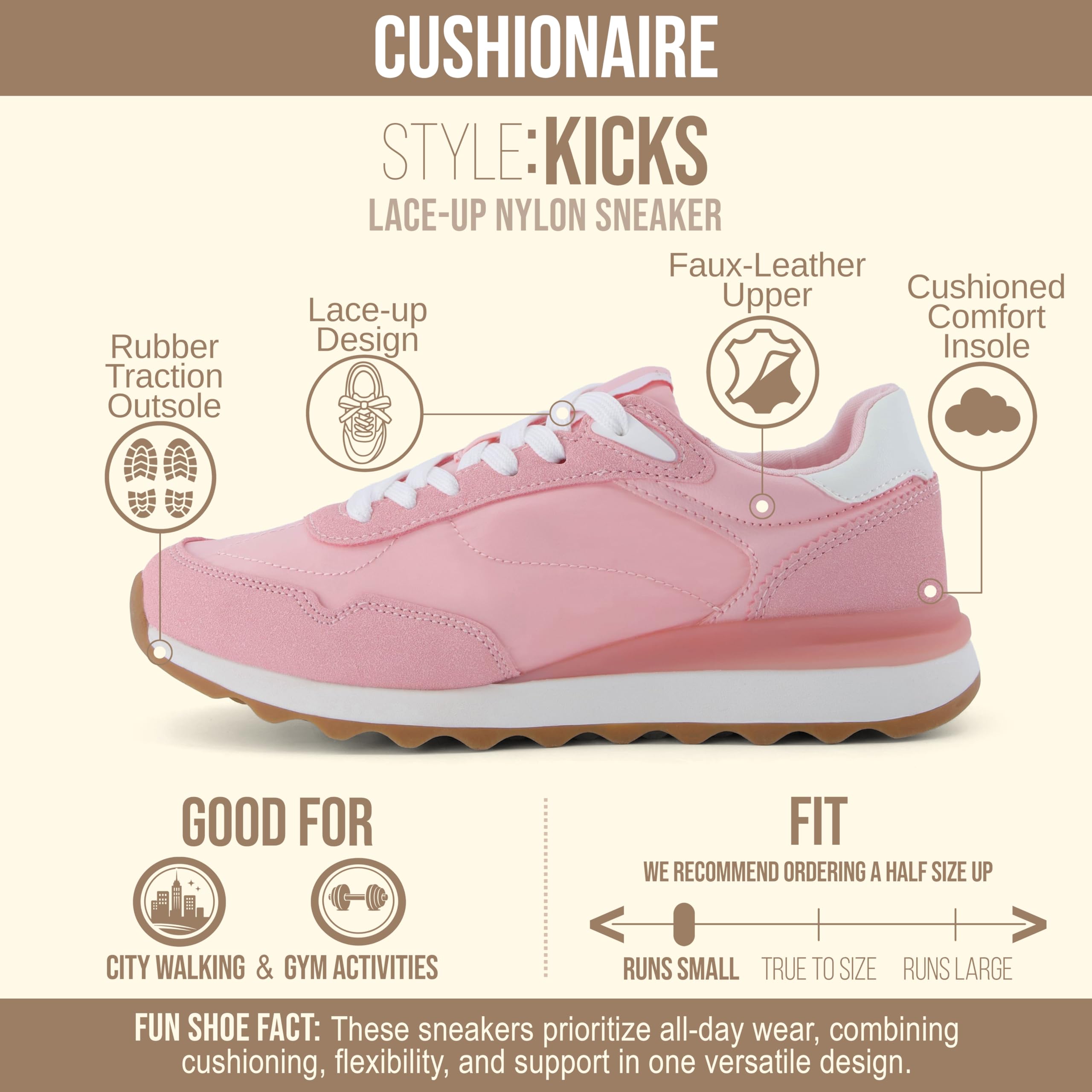 CUSHIONAIRE Zapatilla Deportiva de Nailon con Cordones Kicks para Mujer + Espuma cómoda, Anchos Anchos Disponibles