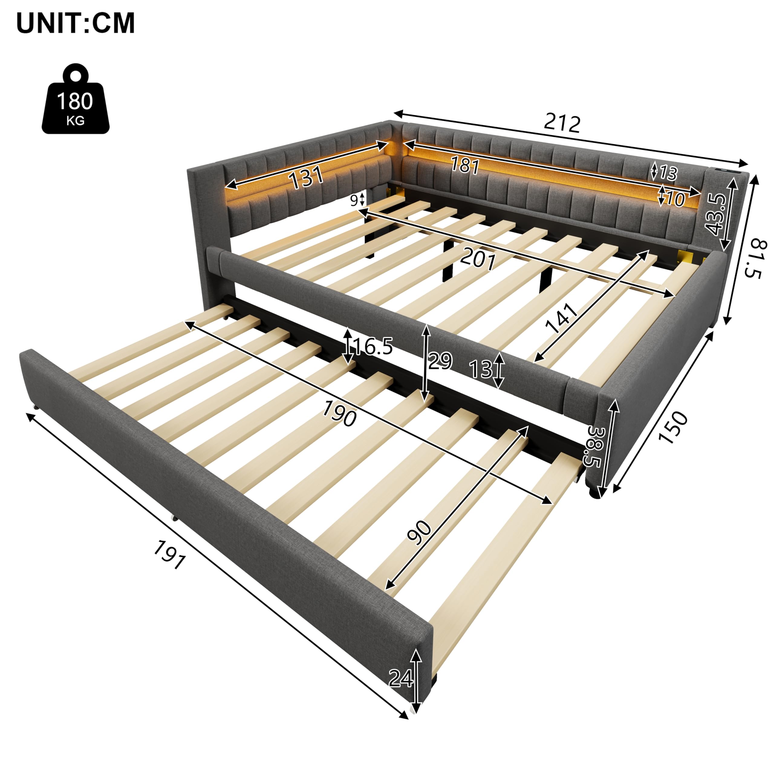 Lubvtti Divano letto 140×200 cm, testiera a L con striscia luminosa a LED, Divano letto con letto estraibile 90×190, Letto matrimoniale con porta USB, Tessuto in lino, Grigio (materasso non incluso)