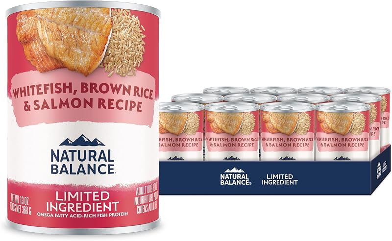 Ração úmida enlatada para cães Natural Balance Limited Ingredient com peixe branco, arroz integral e salmão — Pacote com 12