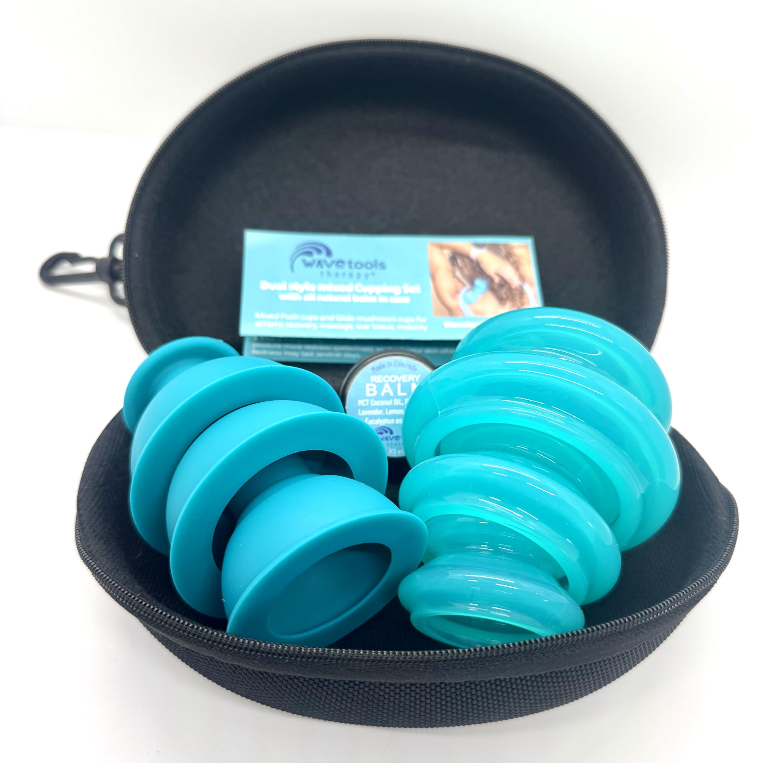 Dual Style Silicone Massage Cupping Therapy Set with All Natural Balm, Mixed 4 or 6 Packs with case (6 Pack, Clear Teal Glide Cups)