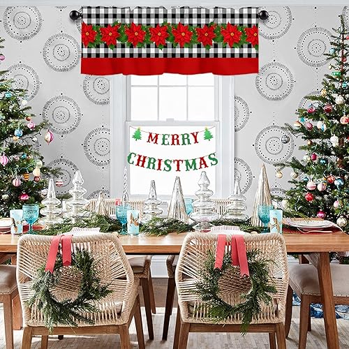 Miniatura 3 de Curtain Valance for Window Kitchen Decor, Merry Christmas Poinsettia Flower Berry Black White Buffalo Plaid 54" x 18" Window Treatment Curtains