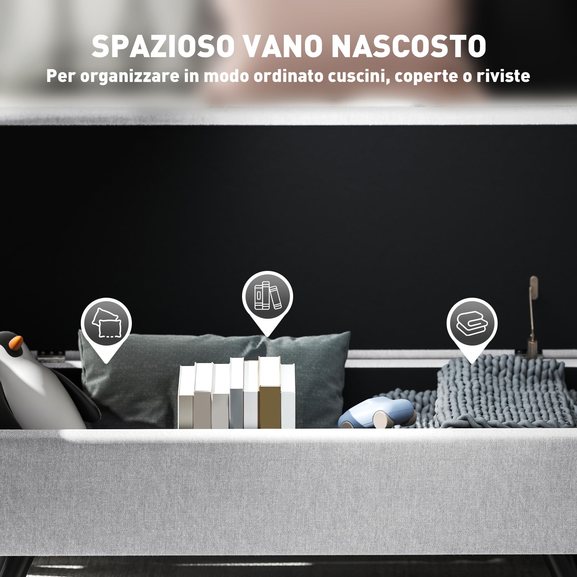 HOMCOM Panca Contenitore Fondo Letto con Braccioli, Pouf in Tessuto con Gambe in Legno e Vano da 53.8L, per Camera e Salotto, 132x42x50 cm, Grigio