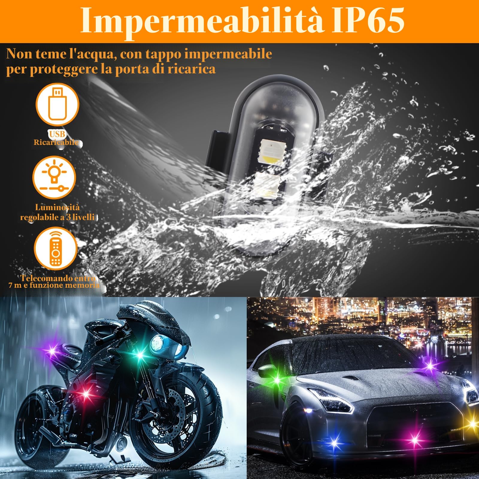 8 Pezzi Luci a LED Senza Fili, Luci Led Moto 8 Colori con Telecomando, Ricarica USB, Impermeabile IP65