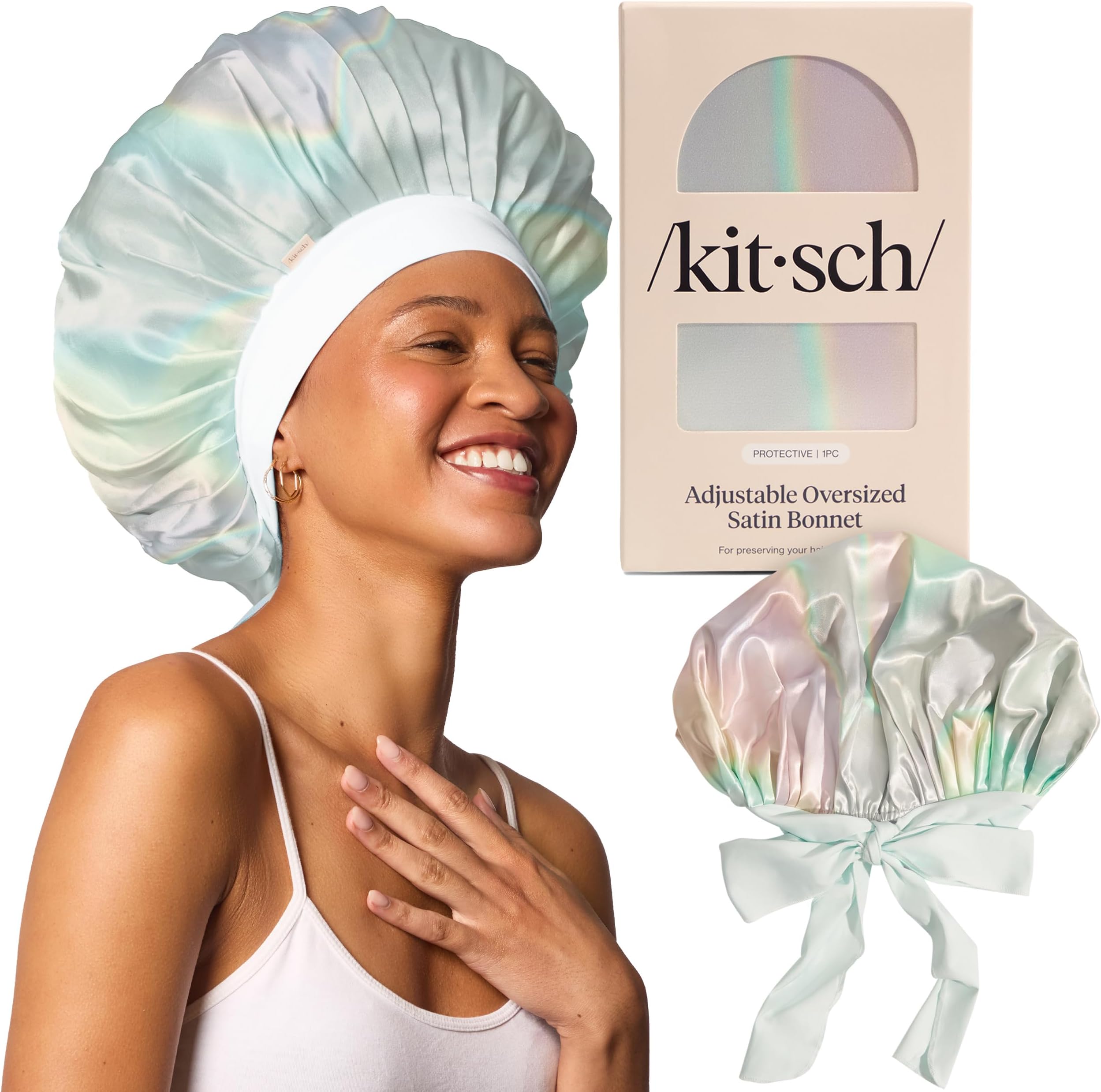 Kitsch Extra Large Satin Sleep Bonnet - Silk Bonnet for Sleeping Women, Curly & Textured Hair, Large Jumbo Sleep Bonnet for Comfort & Protection, Wake Up with Beautiful Style Hair - Aura