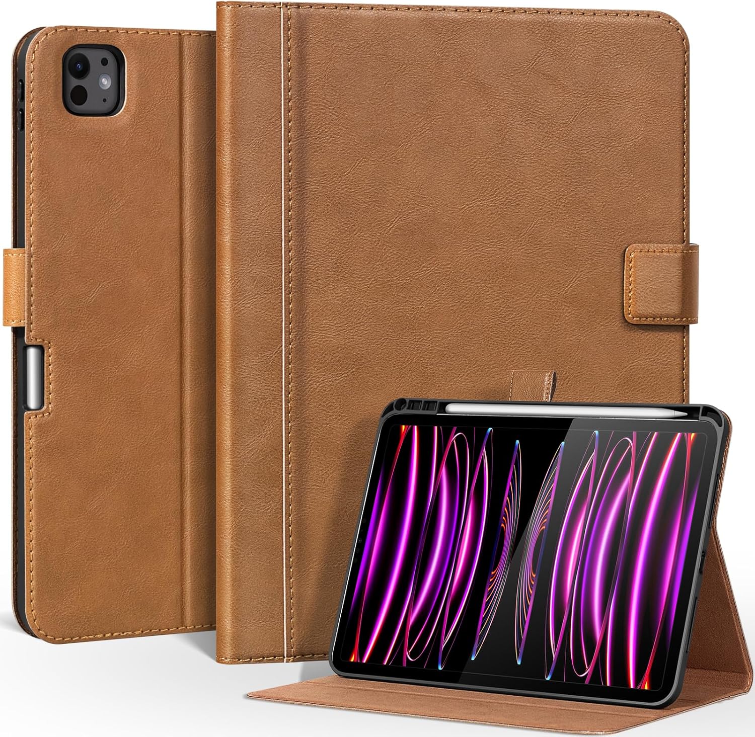 Leather Case for iPad Pro 11 inch Case M5 2025 / M4 2024, Premium Leather Folio Stand Cover with Pencil Holder - Auto Wake/Sleep and Adjustable Stand, Brown