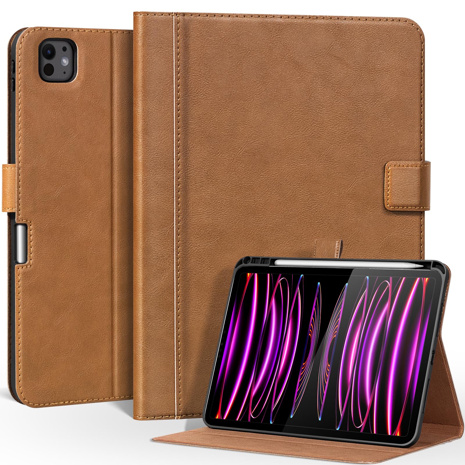 CPNVWA Leather Case for iPad Pro 11 inch Case M5 2025 / M4 2024, Premium Leather Folio Stand Cover with Pencil Holder - Auto Wake/Sleep and Adjustable