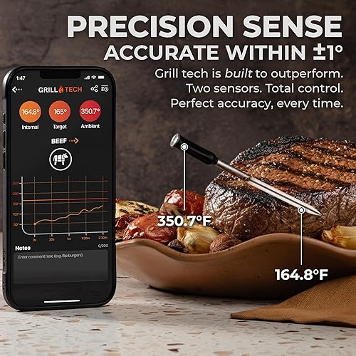 Miniatura 7 de Grill Tech - Termómetro inalámbrico para carne con Bluetooth, termómetro digital inteligente para parrilla con sonda de sensor doble, rango de 950
