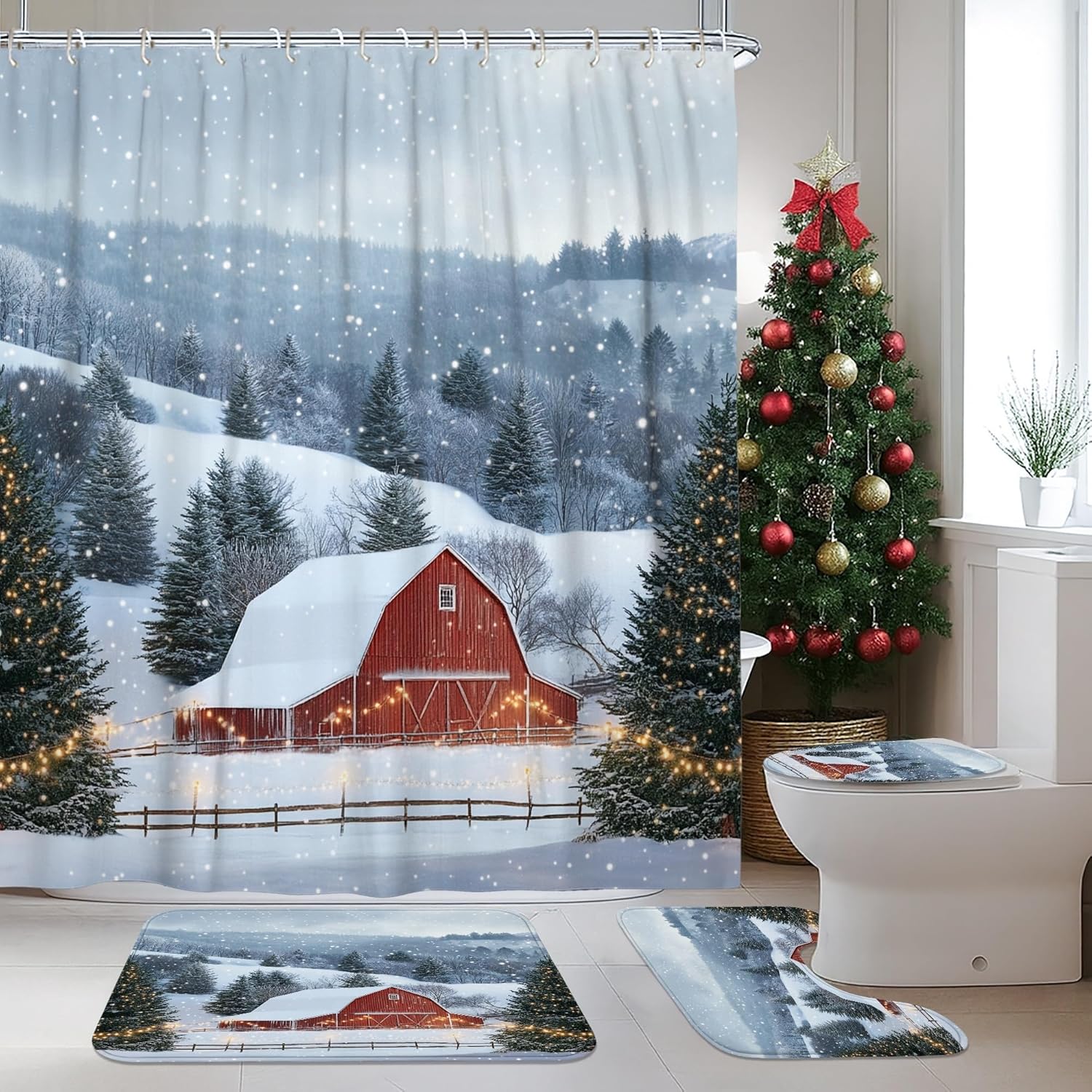 4PCS Winter Farmhouse Christmas Bathroom Sets with Non-Slip Rug, U Shape Toilet Lid Cover Mat, Woodland Xmas Country Barn Bathroom Decoration 72''x72''