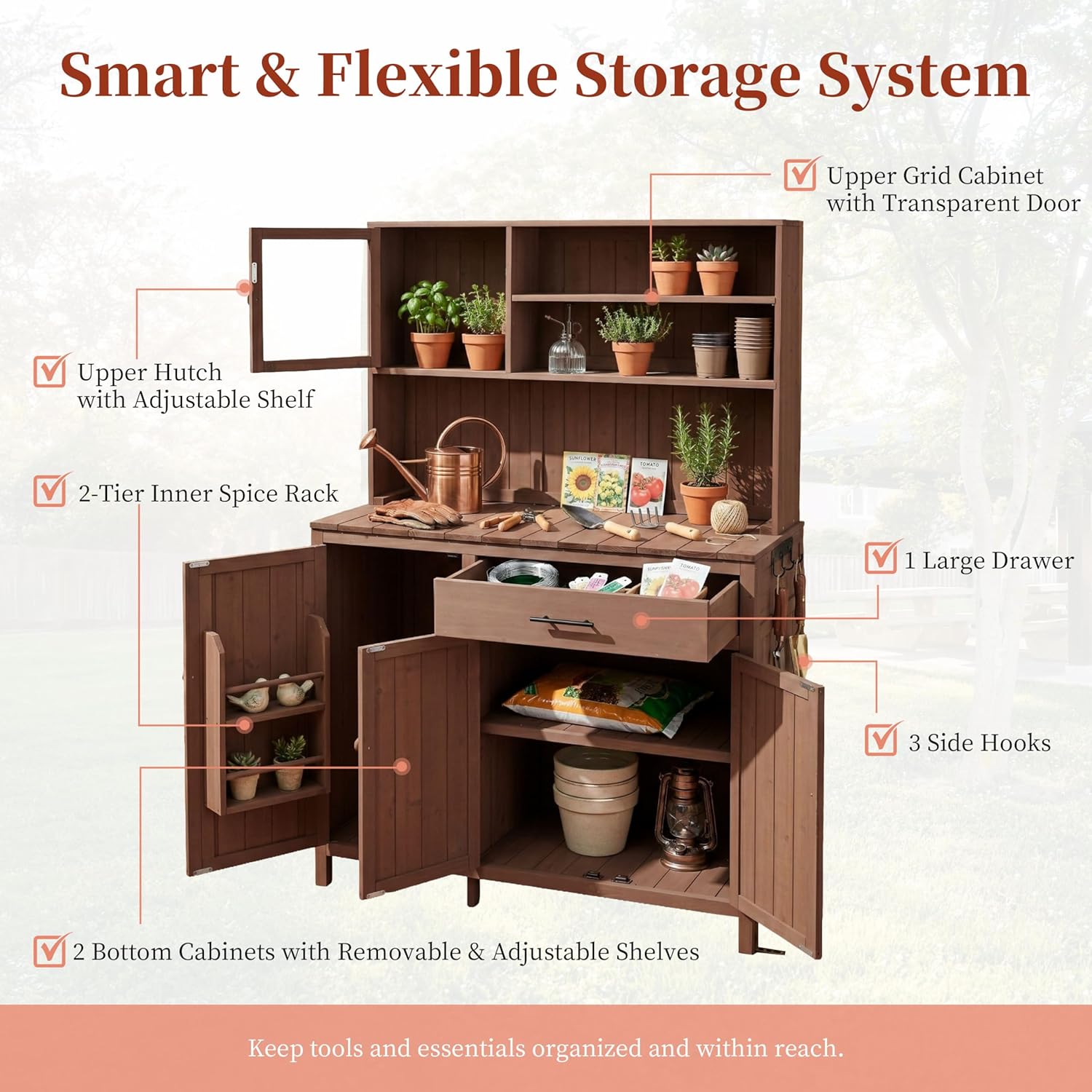 Farmhouse Outdoor Potting Bench Table, Garden Workstation with Large Countertop and Cabinet Door Organzier, Outdoor Patio Kitchen Island with Adjustable Shelves and Spice Rack for Backyard, Brown