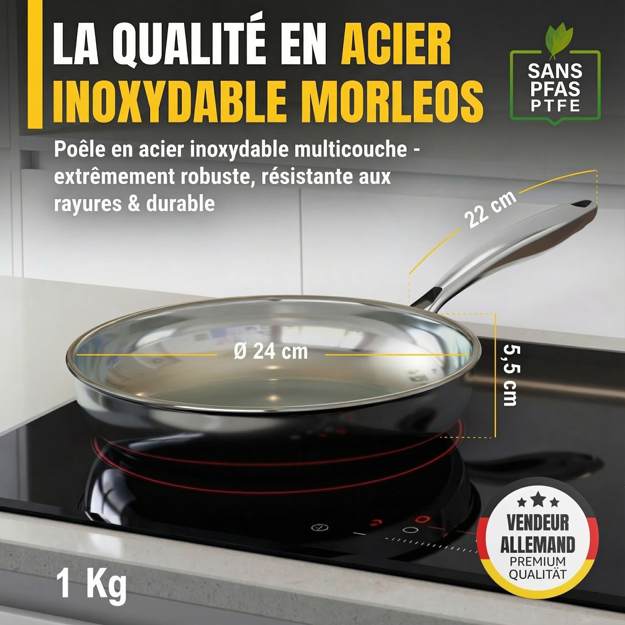 Morleos roestvrijstalen pan 24 cm, ongecoat | 5-laags - 3 mm - 1 kg | 18/10 roestvrijstalen braadpan voor inductie | Vaatwasmachinebestendig & ovenbestendig tot 400°C | hoogwaardige gastrokwaliteit