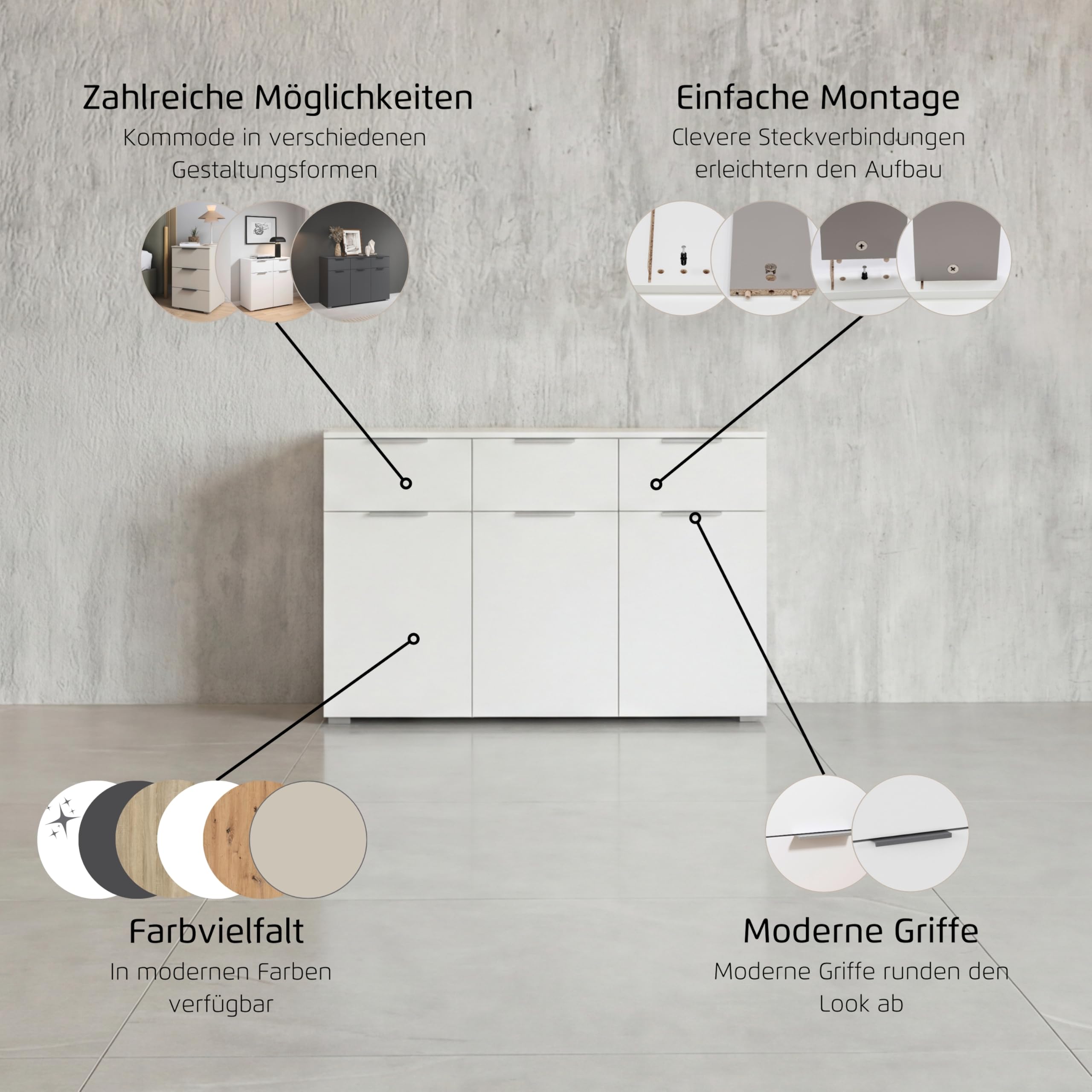 Rauch Möbel Alabama, Kommode für Schlafzimmer, Kinderzimmer, Garderobe, Flur, 3-türig, mit 3 Schubladen, Soft-Close-Funktion, Farbe Grau metallic, Schwarz, Maße 120x81x42cm | Sideboard 3-türig, 3 Schubladen, Soft-Close-Funktion, Griff Grau metallic, für S