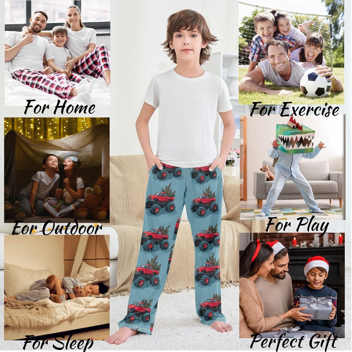 visesunny Boys' Pants Christmas Monster Trucks Tree Jogger Pants Elastic Waist Long Bottoms Trousers with Pockets S-XL