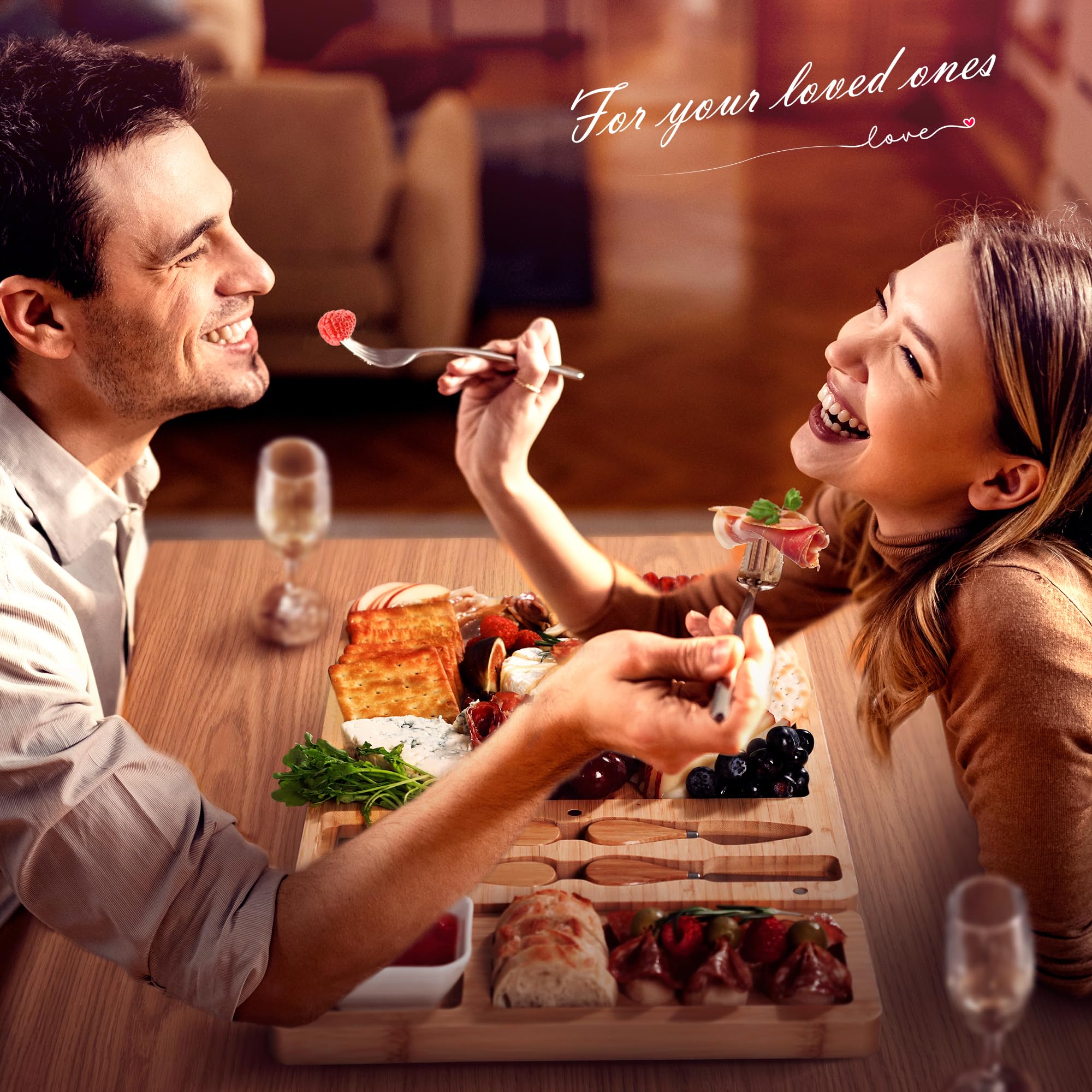 Easoger Large Bamboo Charcuterie Boards, Cheese Platter with 2 Drawers, Serving Knife, 2 Ceramic Bowl - Unique Housewarming, Wedding and Bridal Gift