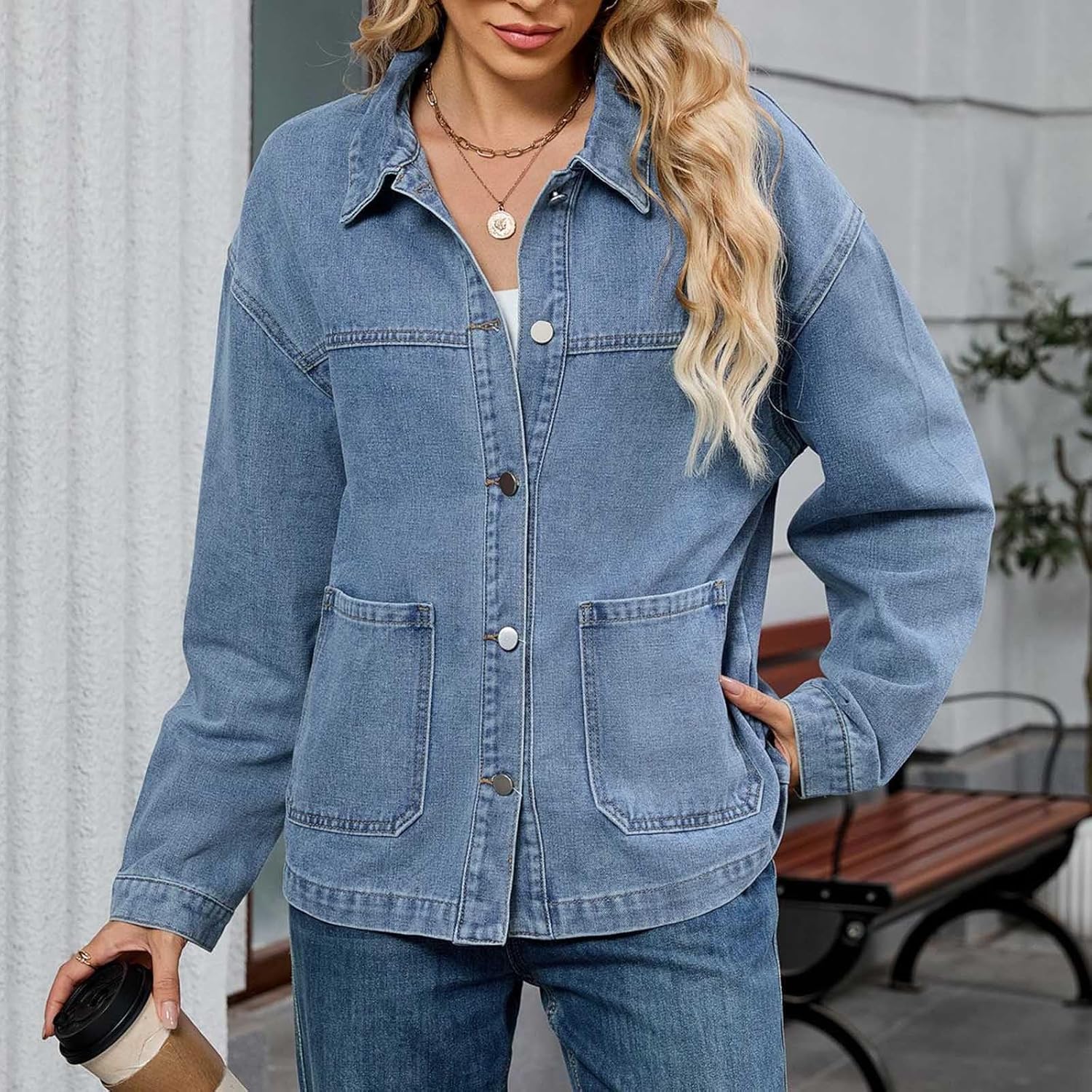HGps8w Women's Boyfriend Denim Jacket Loose Button Down Shacket Long Sleeve Lapel Collar Outerwear with Pockets