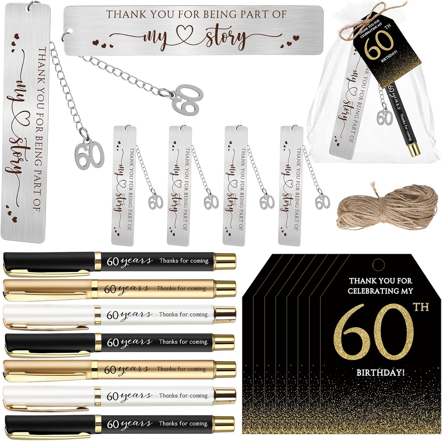 25 Sets Birthday Favors for Guests 25 Thanks for Coming Ballpoint Pens 25 Bookmarks 25 Cards with Organza Bag for Adult Birthday Anniversary Party Souvenir(Metal-60th)