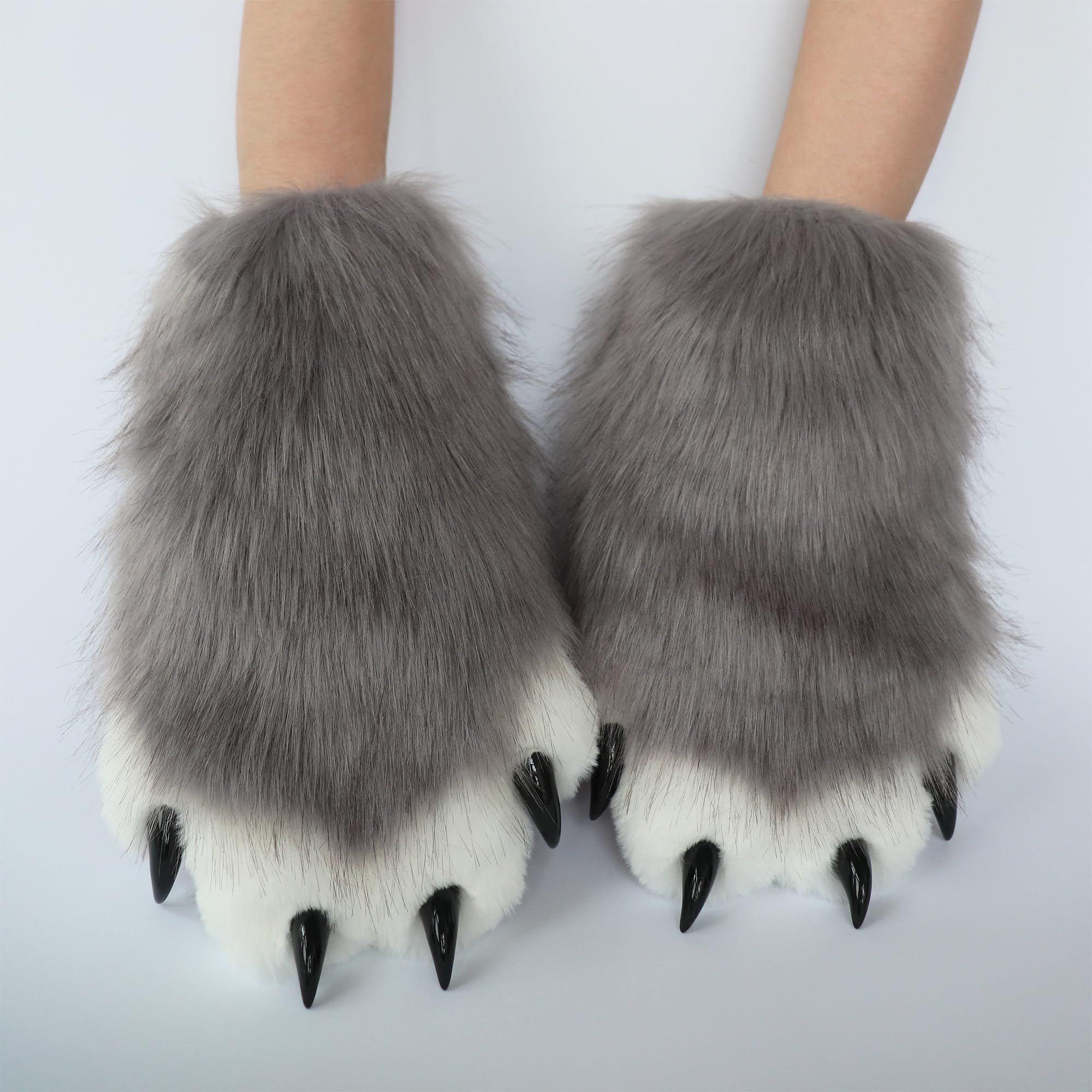 Grey Therian Furry Paws With Claws - Faux Fur Comfy Gloves for Cosplay Costume - Fluffy Fox and Wolf Accessories - Image 3
