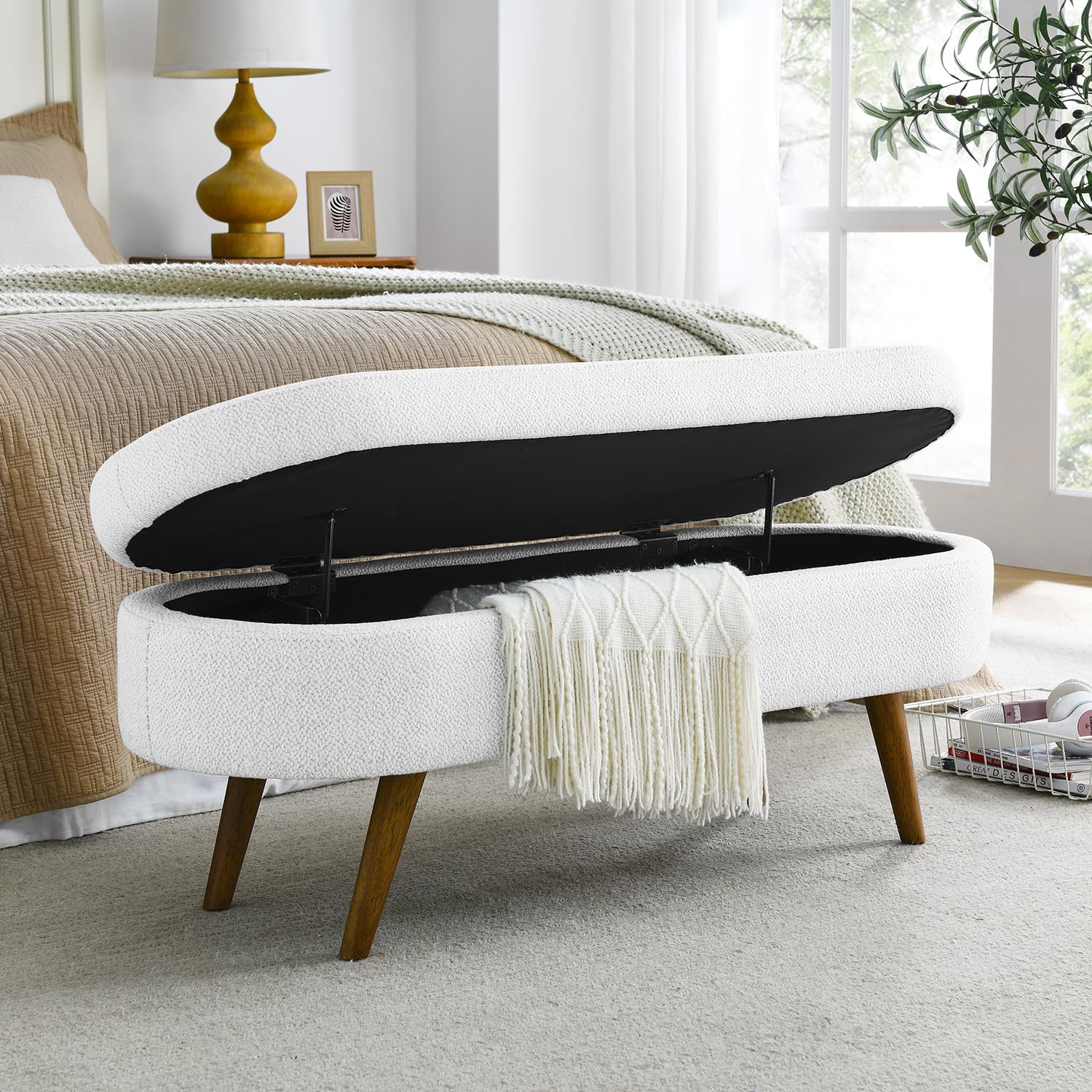Oval Ottoman Storage Bench, Rubber Wood Legs, White Linen(43.5"x16"x16")