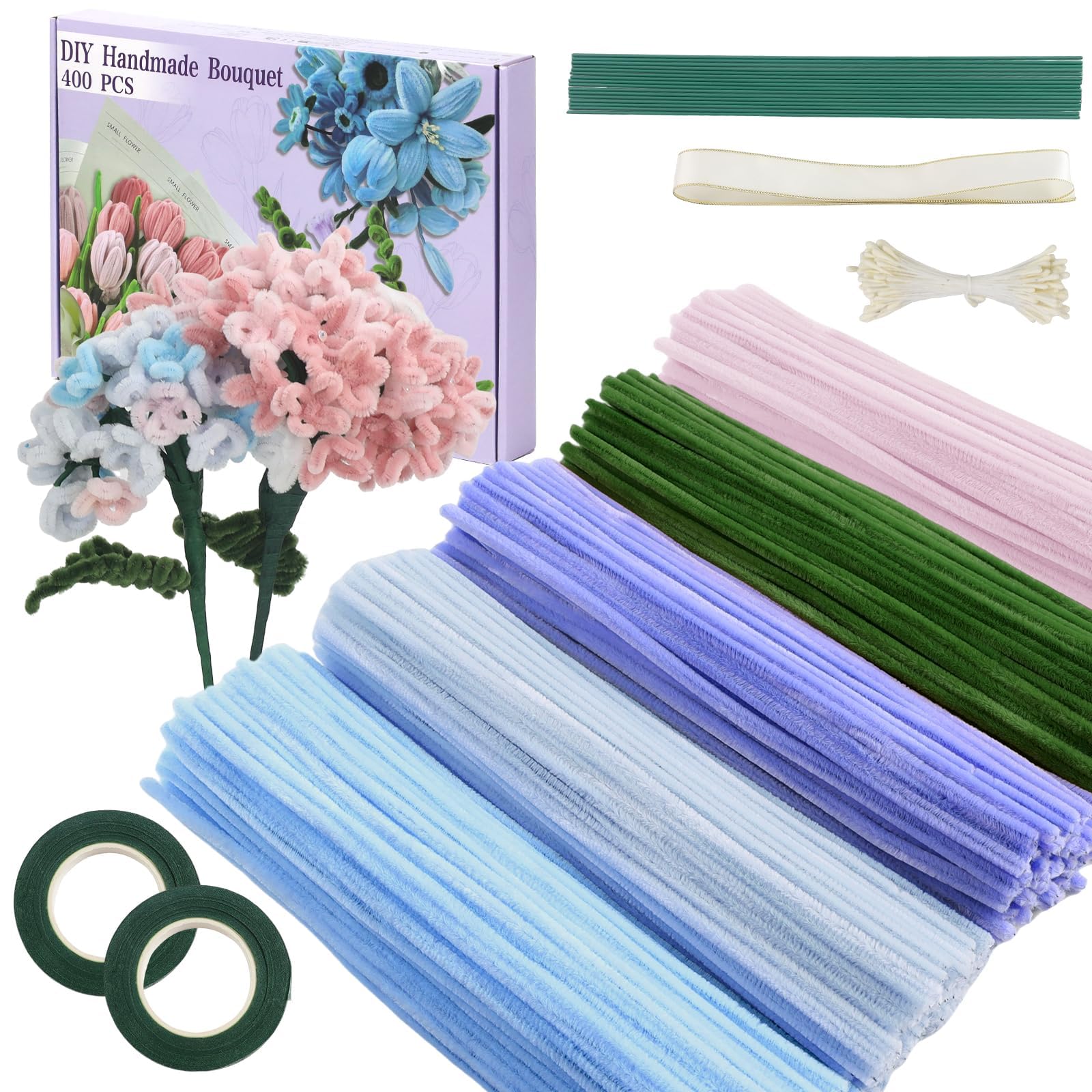 DGHOME 400pcs Pipe Cleaners for Craft Flowers, Pipe Cleaners for Tulip Bouquet, Fuzzy Sticks Craft Supplies for Flower DIY Craft Kit Gift, Chenille Stems Arts & Crafts with Tutorial (Colourful)