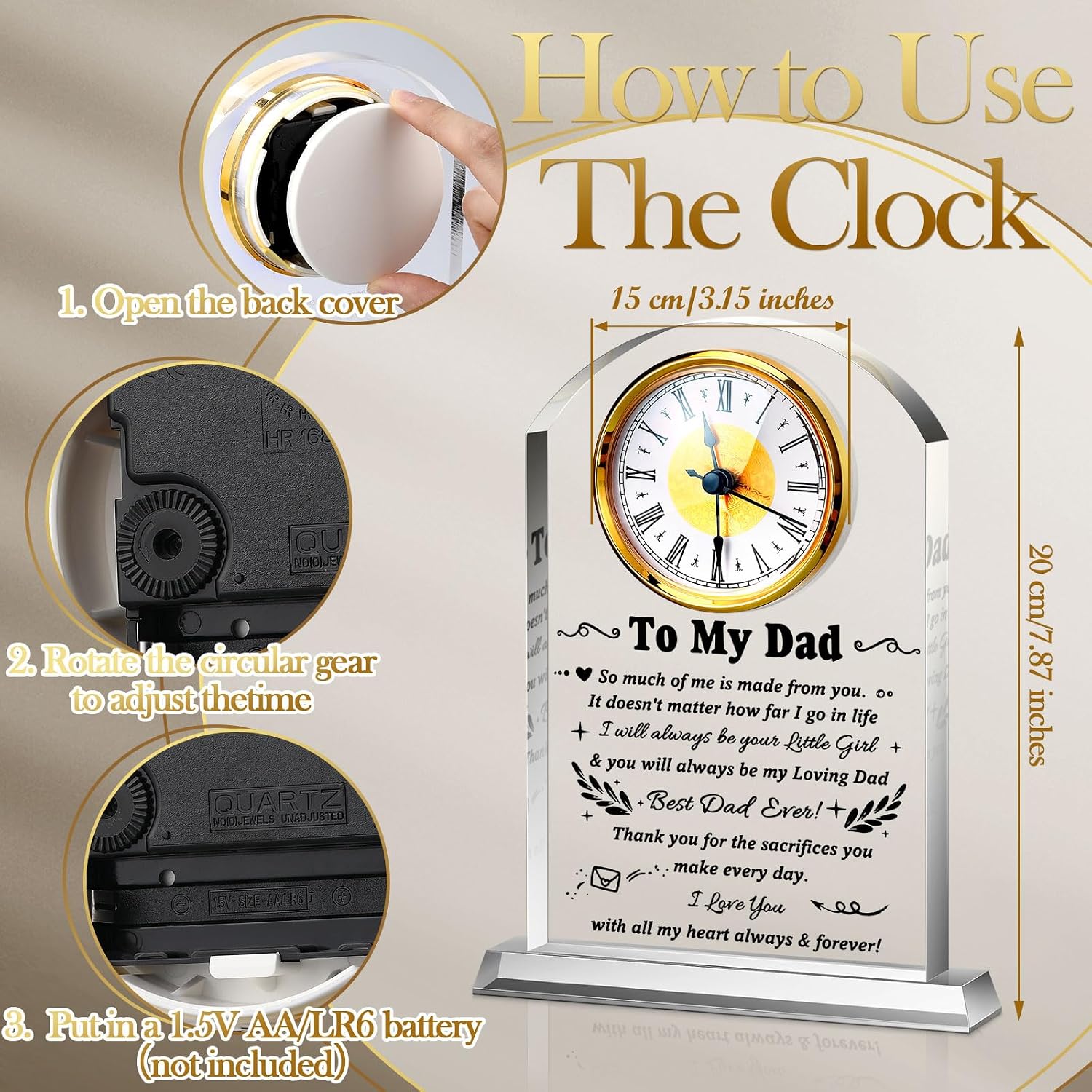 Landical to My Dad Clock Gifts from Daughter Son Acrylic Clock Gift for Father's Day Birthday Present for Dad Father Sign Plaque Meaningful Keepsake Present for Men Idea Home Desk Table Room Decor