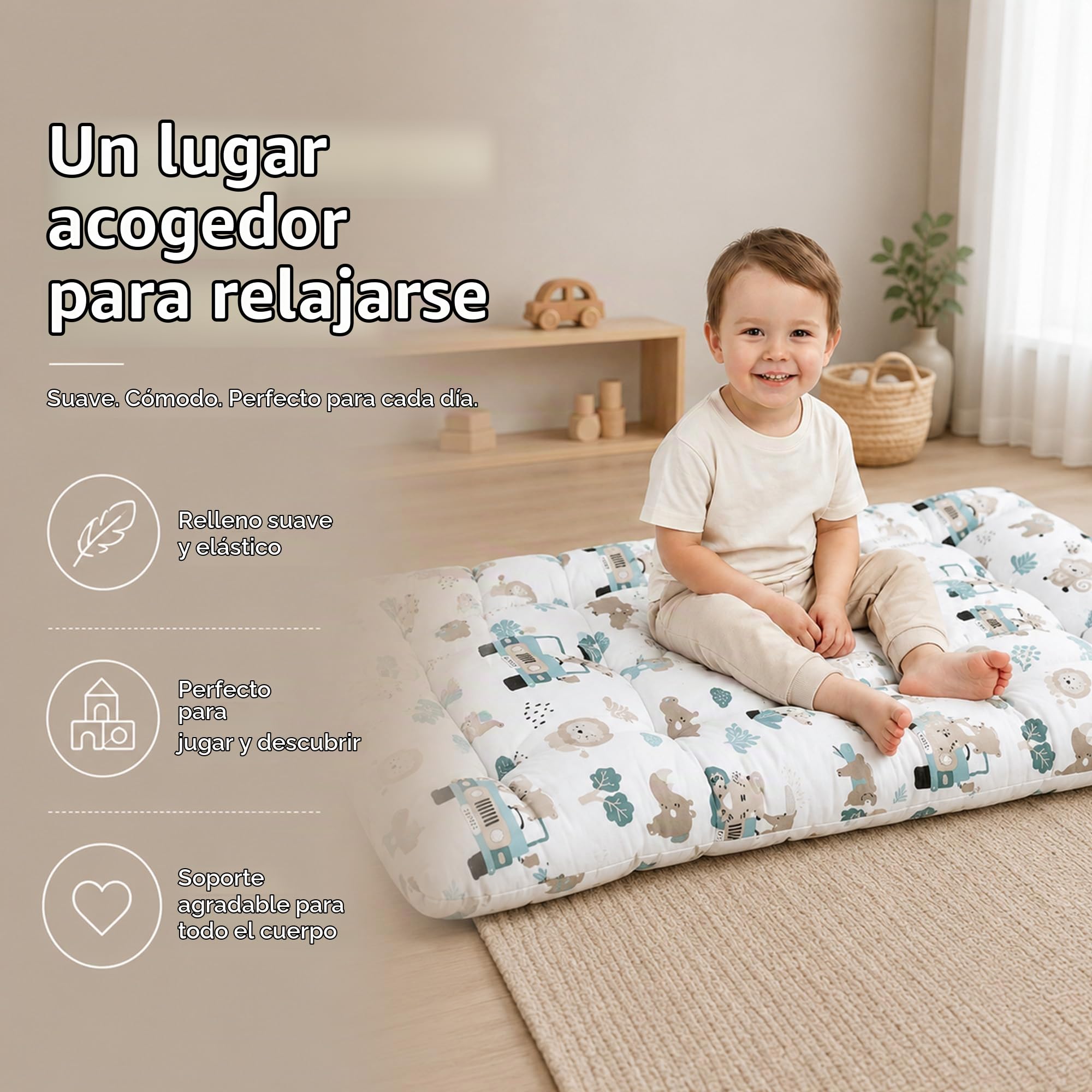 Cojín para arco Montessori y balancín 60x120 cm - colchoneta de suelo niños reversible – asiento relax lectura juego para la habitación infantil funda algodón Oeko-Tex Africa