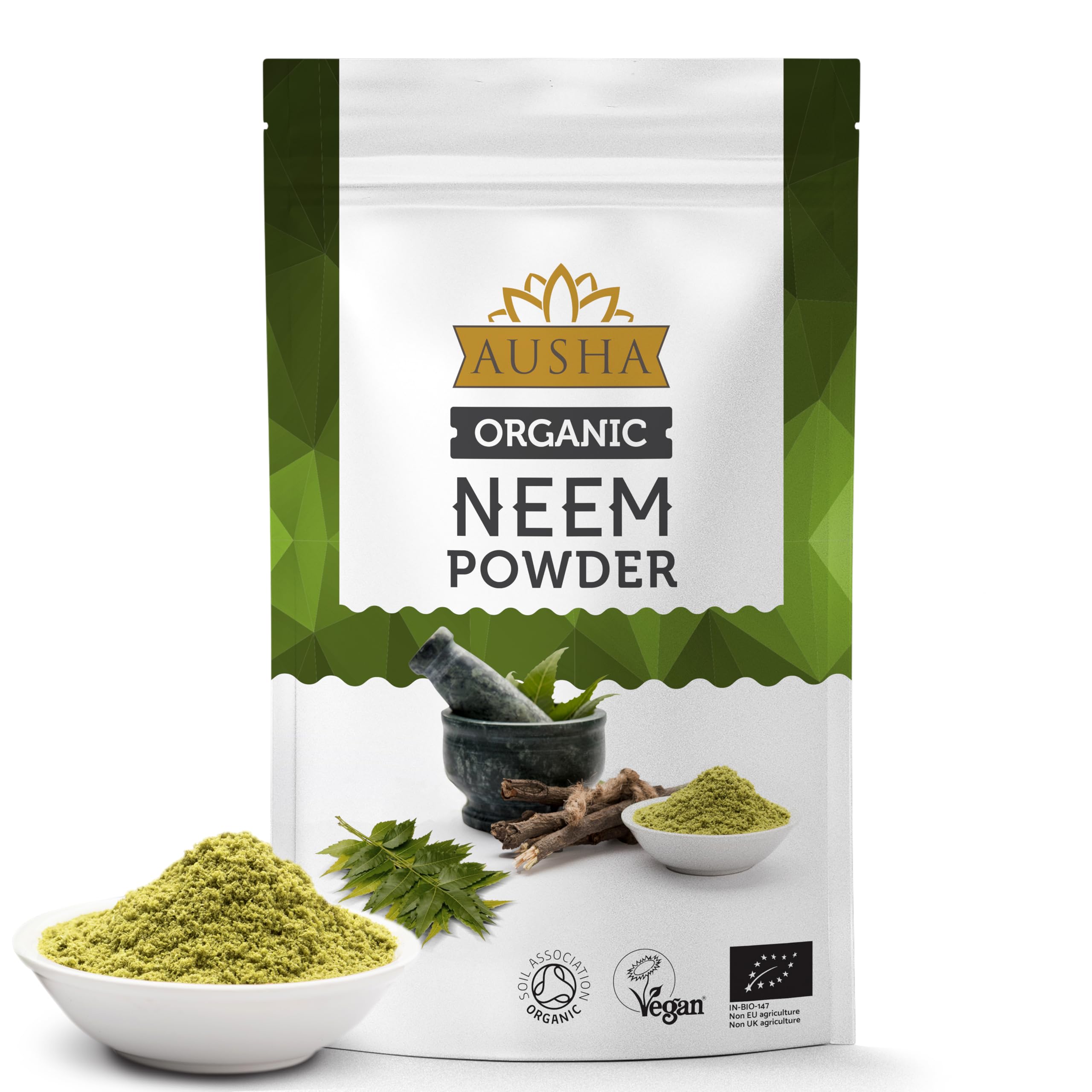 AUSHAOrganic Neem Powder 200g - UK Certified Organic by Soil AssociationSoil AssociationEU OrganicSoil AssociationSoil Association