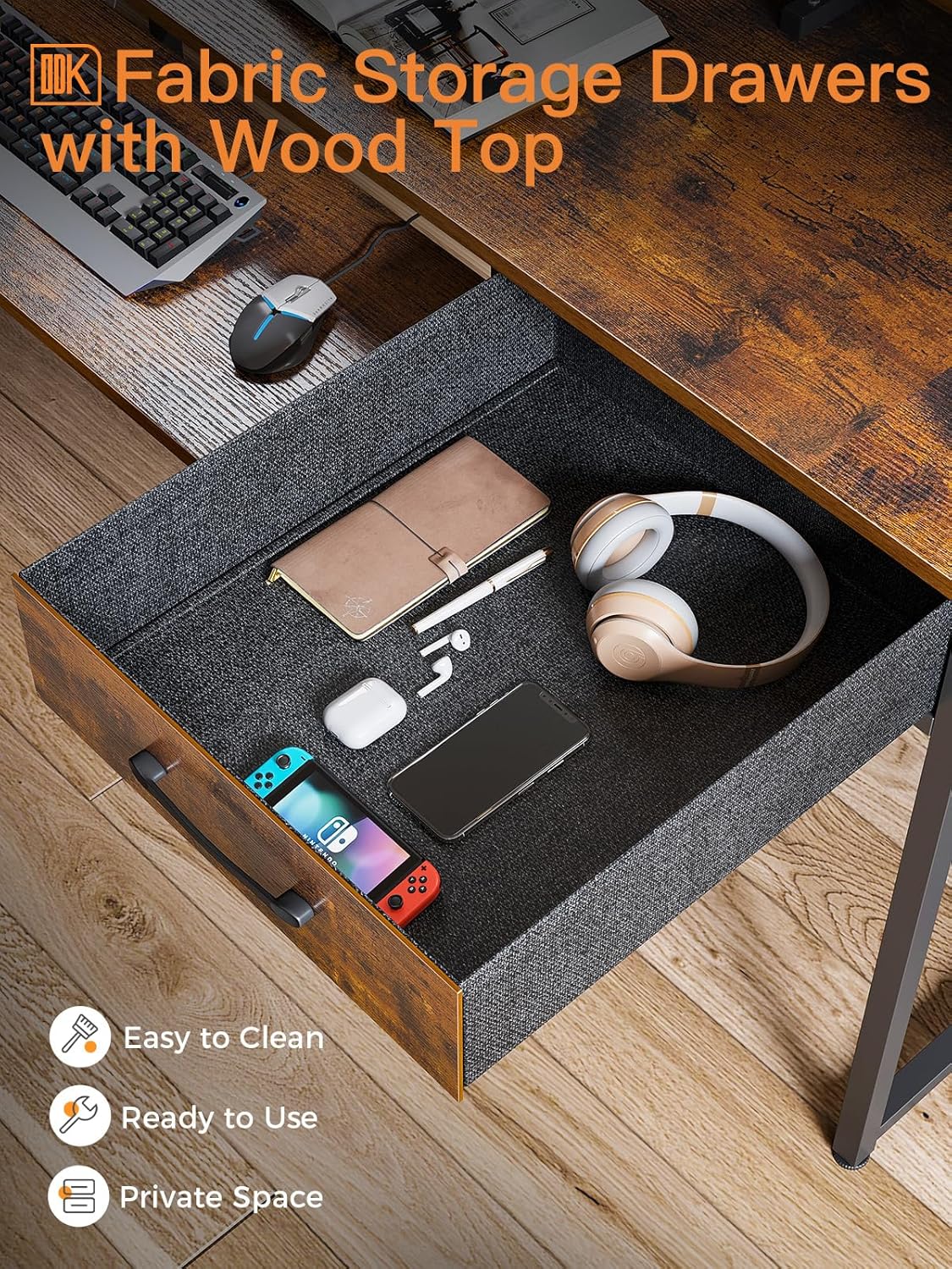 ODK Computer Desk with fabric drawers pulled out