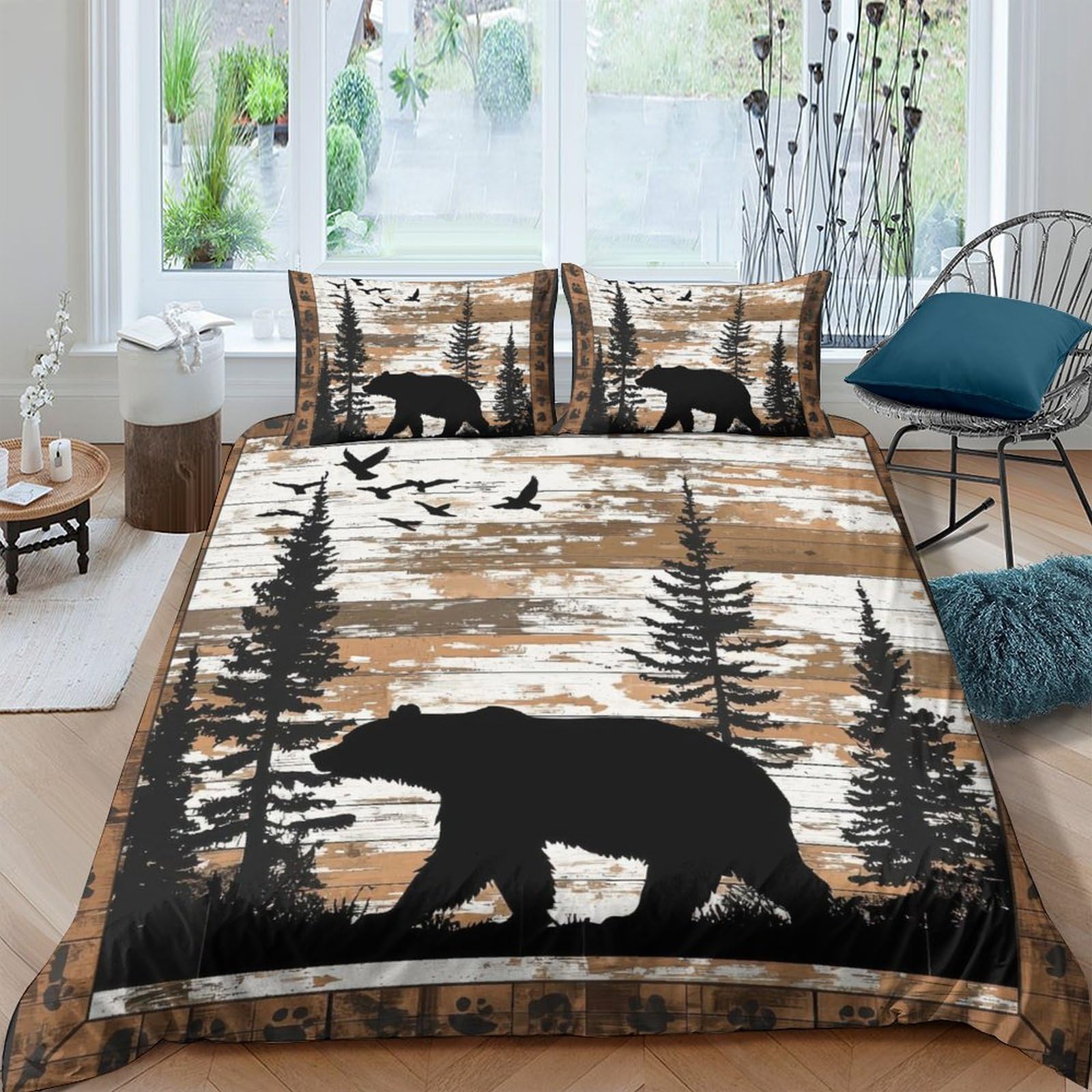 Ctjqhvkz Style-4 3D Printed Forest Bear Fitted Sheet Microfiber Soft Breathable Woodland Tree Mattress Cover For Bedroom Dorm Decor Single（135X200cm）