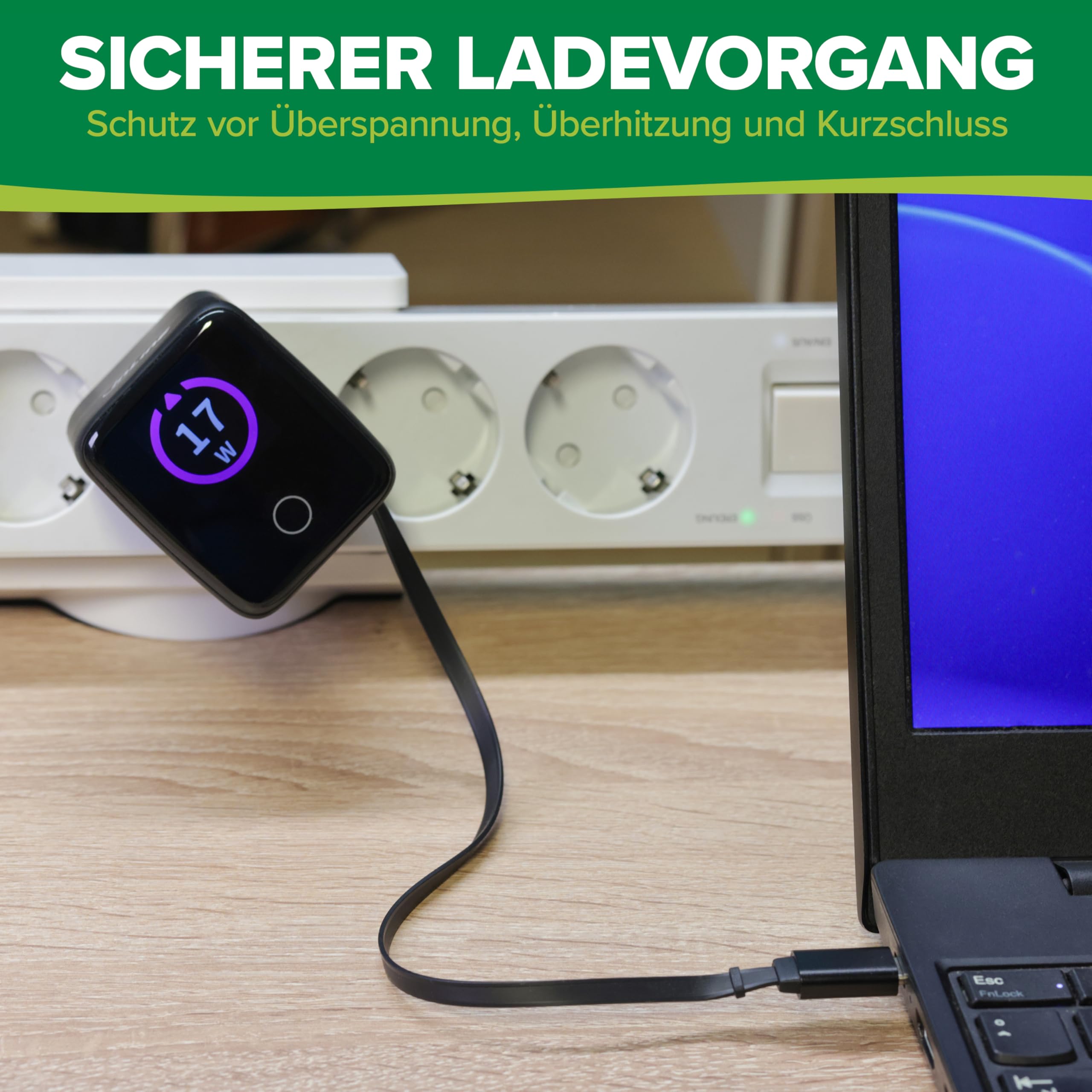 Inline Caricatore USB C & USB A 70 W, con cavo estraibile, alimentatore GaN con display, Power Delivery & Quick Charge, nero, 31507R